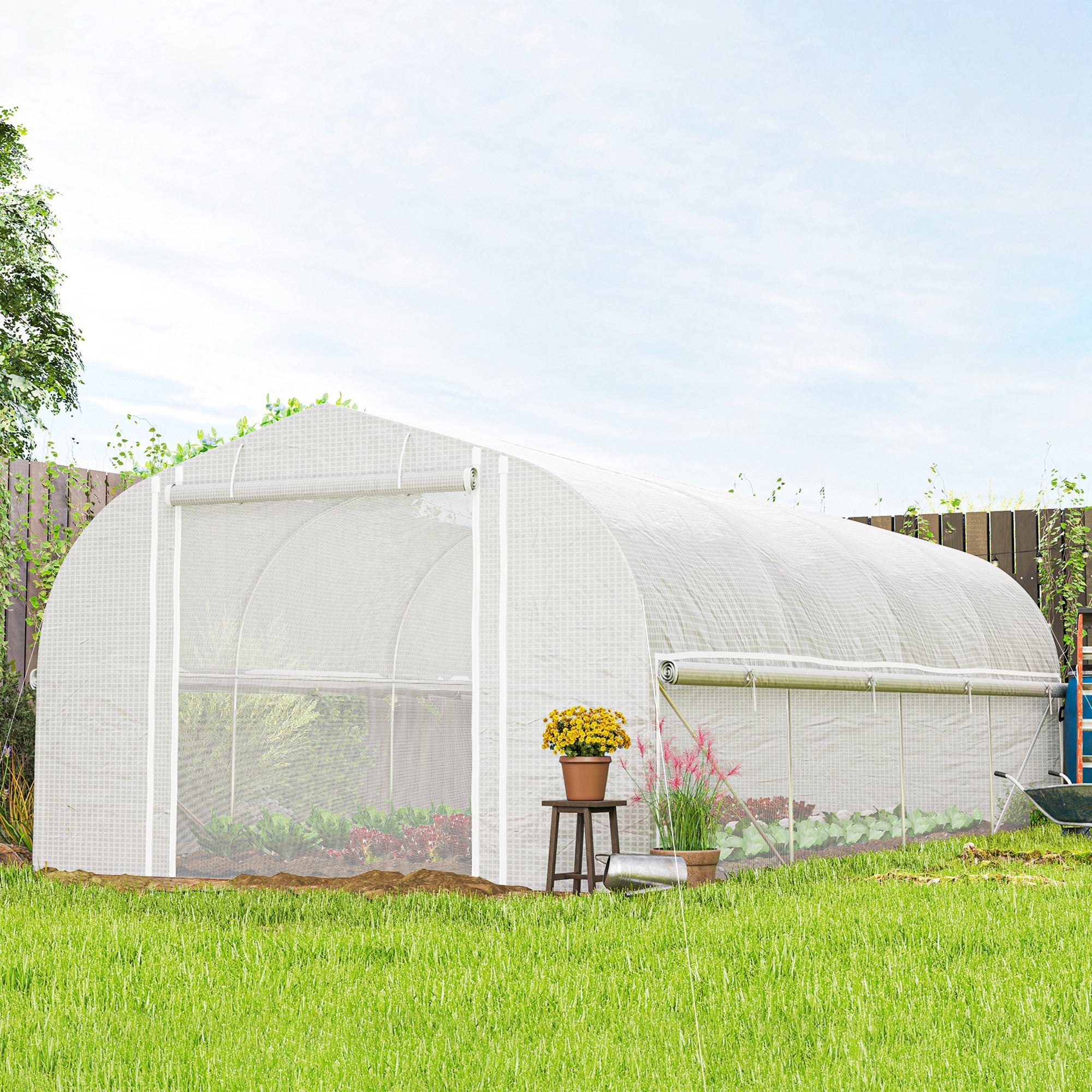 Outsunny 19.5' x 10' x 6.6' Walk-in Tunnel Greenhouse with Roll-up Mesh Sidewalls, Mesh Door, 8 Windows, Outdoor Green House Plant Hot House Tent with Galvanized Steel Frame, White