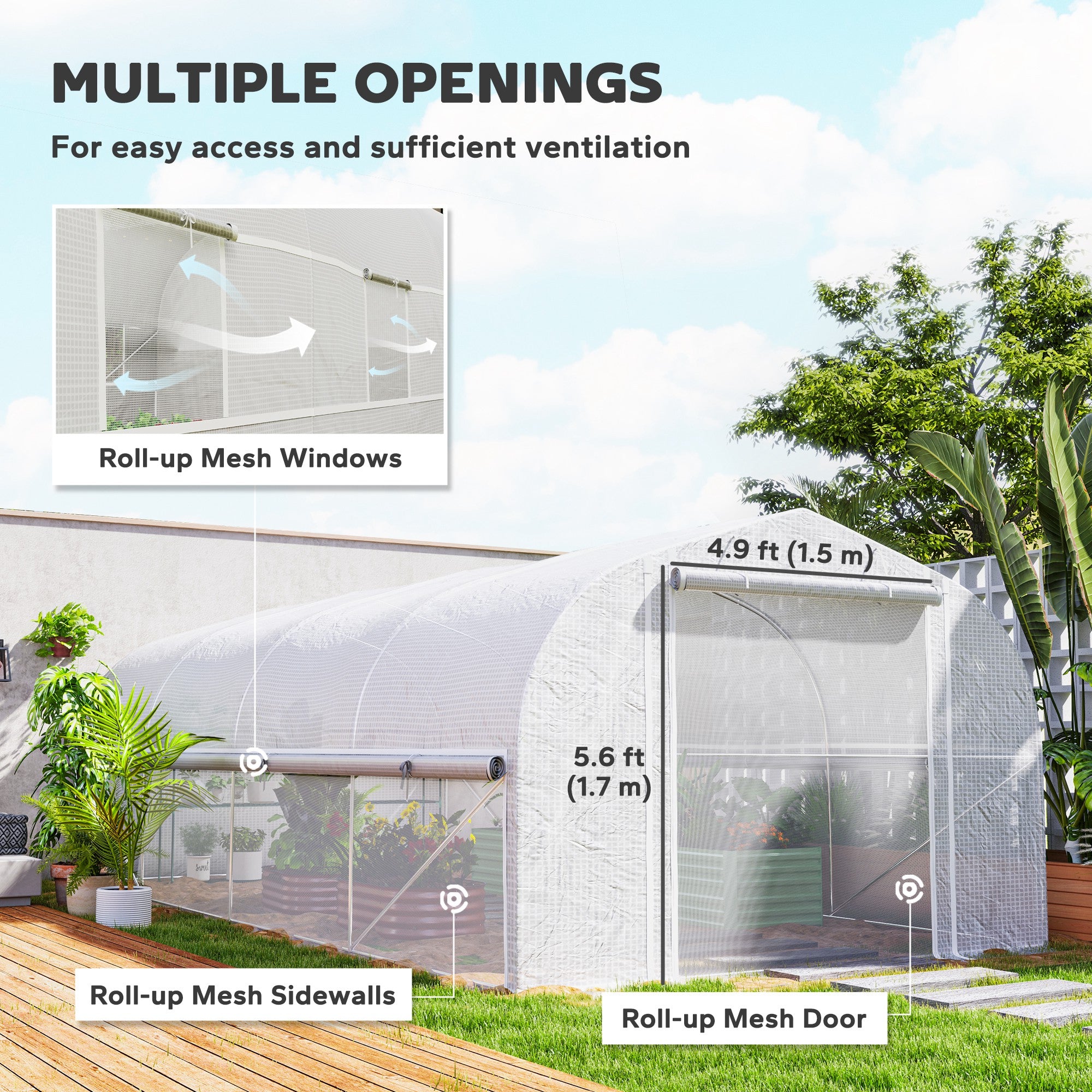 Outsunny 19.5' x 10' x 6.6' Walk-in Tunnel Greenhouse with Roll-up Mesh Sidewalls, Mesh Door, 8 Windows, Outdoor Green House Plant Hot House Tent with Galvanized Steel Frame, White