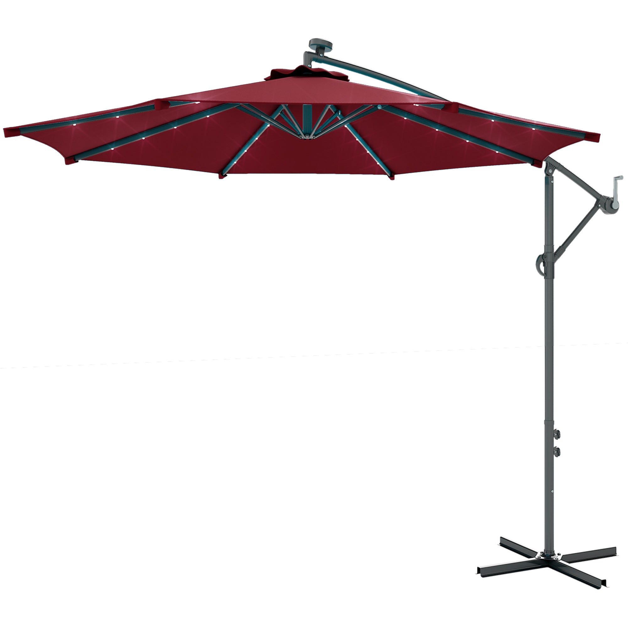 Outsunny 10ft Outdoor Cantilever Umbrella with Solar Lights, Banana Umbrella with Adjustable Angle for Patio, Backyard, Wine Red