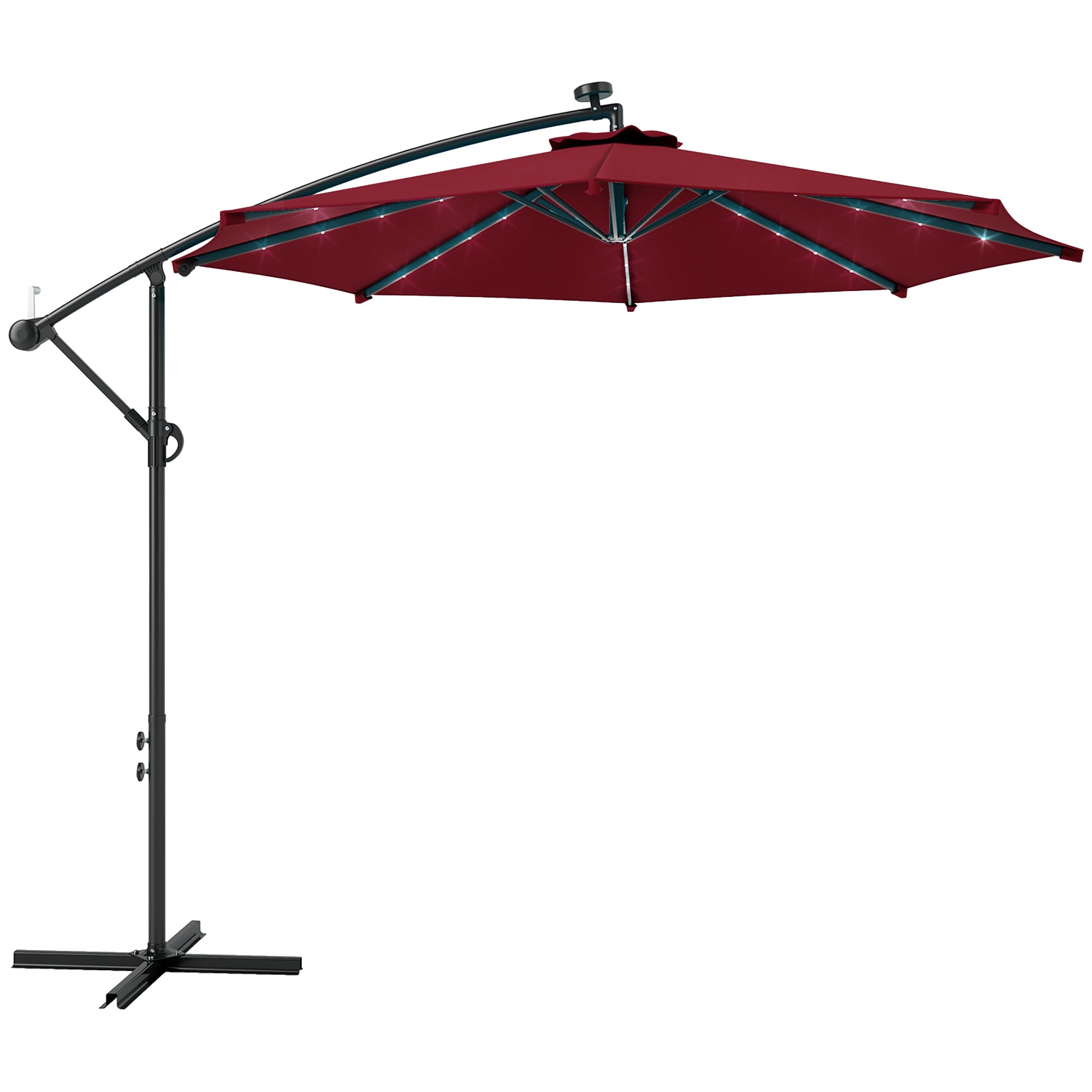 Outsunny 10ft Outdoor Cantilever Umbrella with Solar Lights, Banana Umbrella with Adjustable Angle for Patio, Backyard, Wine Red