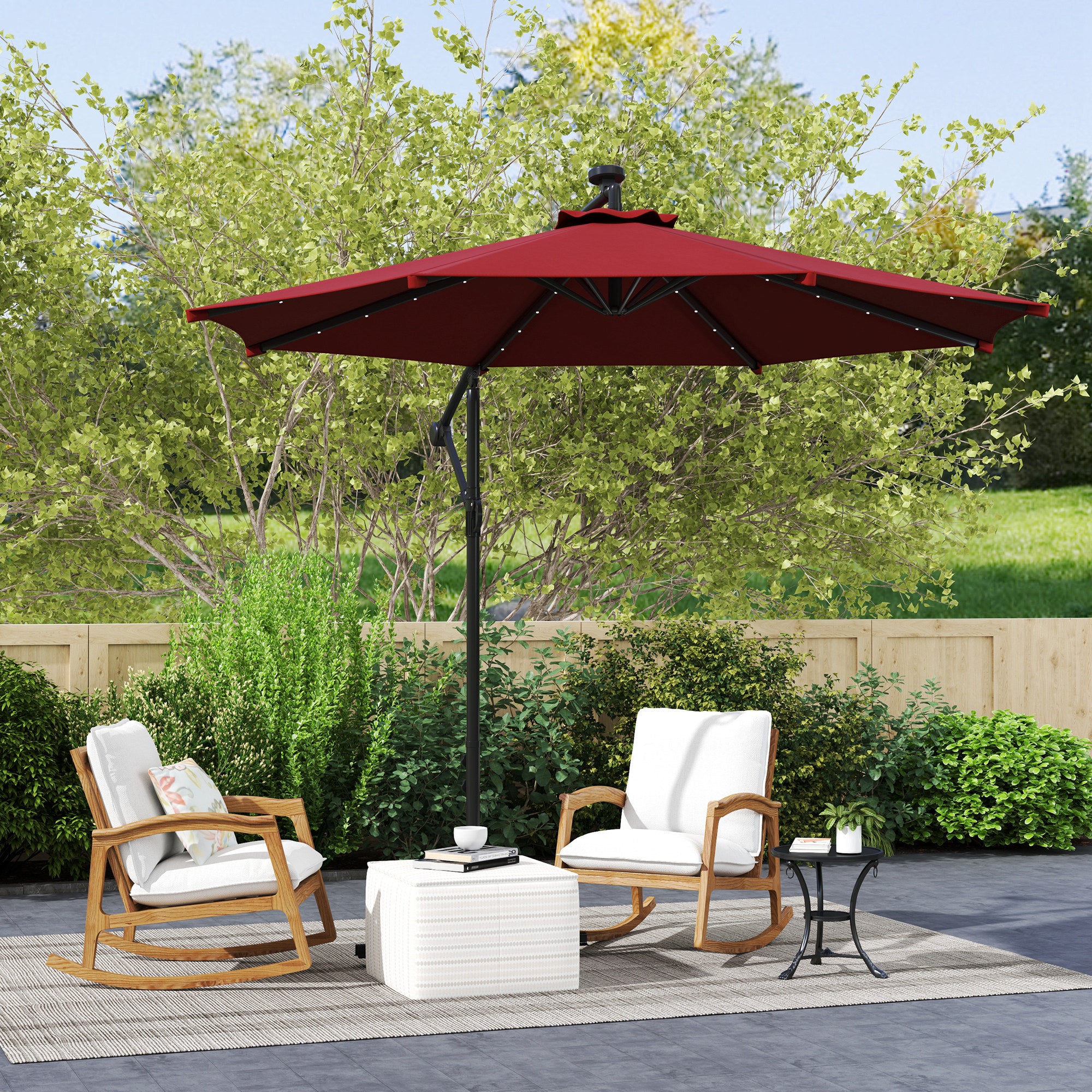 Outsunny 10ft Outdoor Cantilever Umbrella with Solar Lights, Banana Umbrella with Adjustable Angle for Patio, Backyard, Wine Red