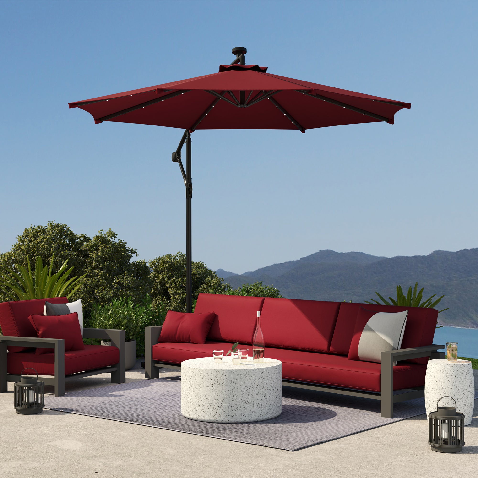 Outsunny 10ft Outdoor Cantilever Umbrella with Solar Lights, Banana Umbrella with Adjustable Angle for Patio, Backyard, Wine Red