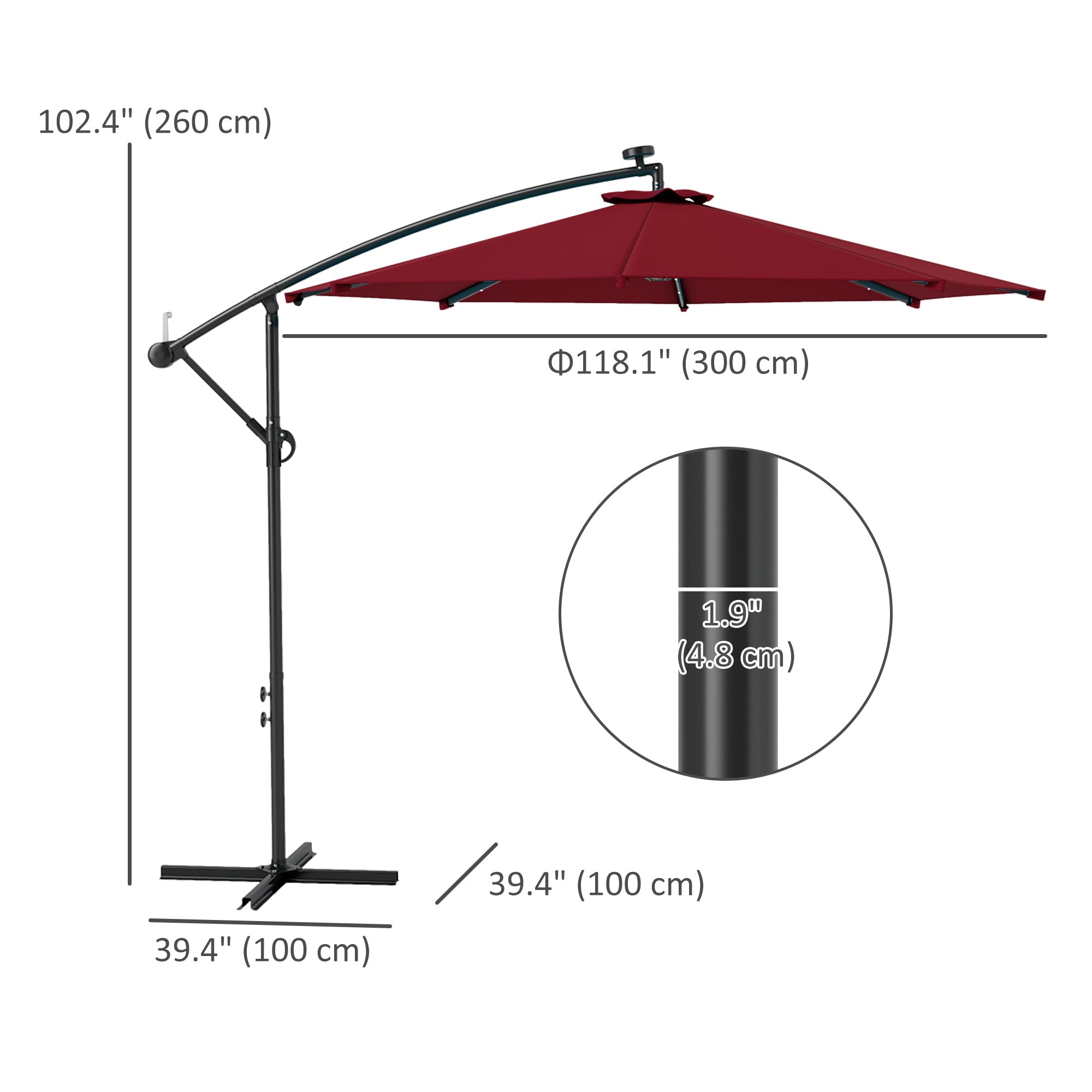 Outsunny 10ft Outdoor Cantilever Umbrella with Solar Lights, Banana Umbrella with Adjustable Angle for Patio, Backyard, Wine Red