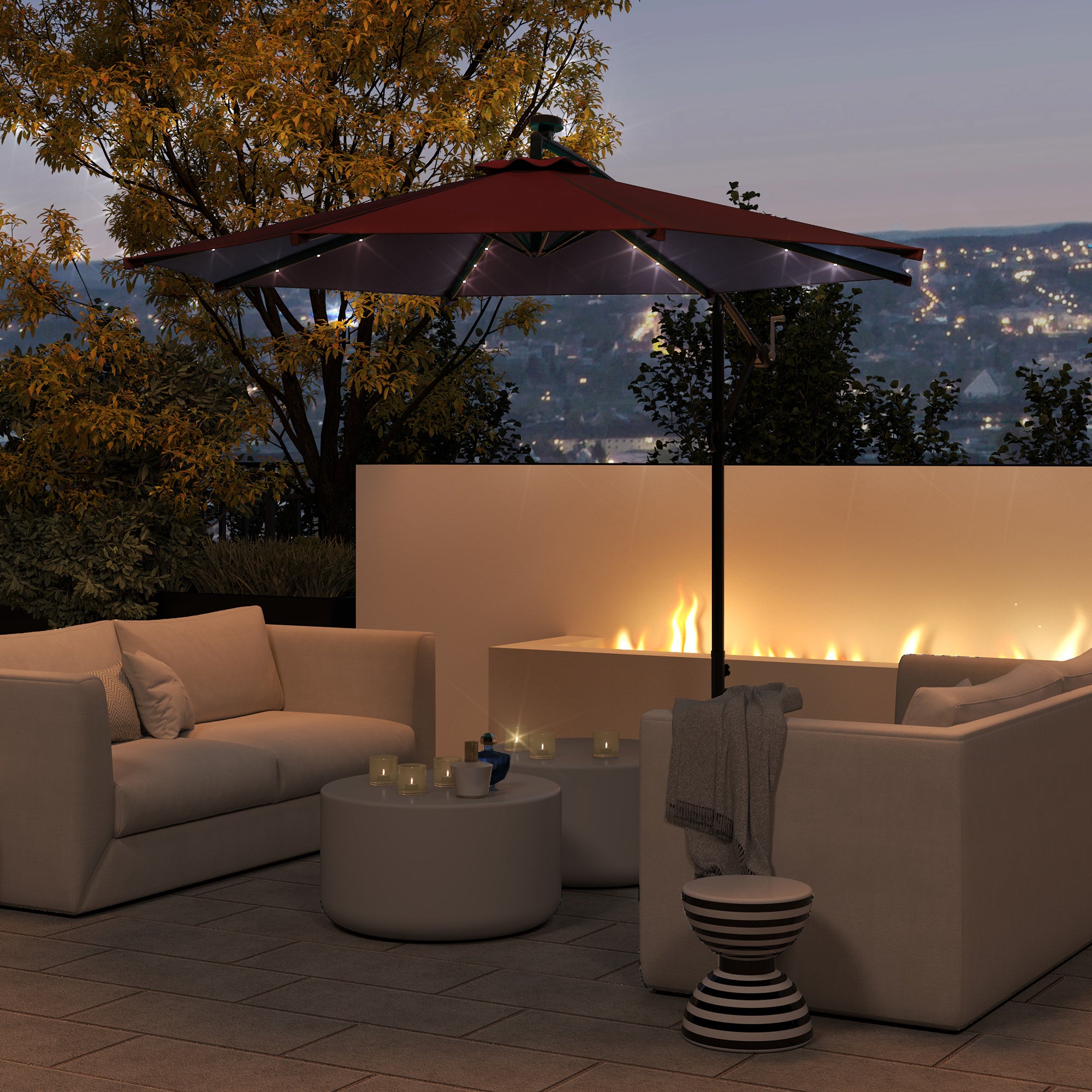 Outsunny 10ft Outdoor Cantilever Umbrella with Solar Lights, Banana Umbrella with Adjustable Angle for Patio, Backyard, Wine Red