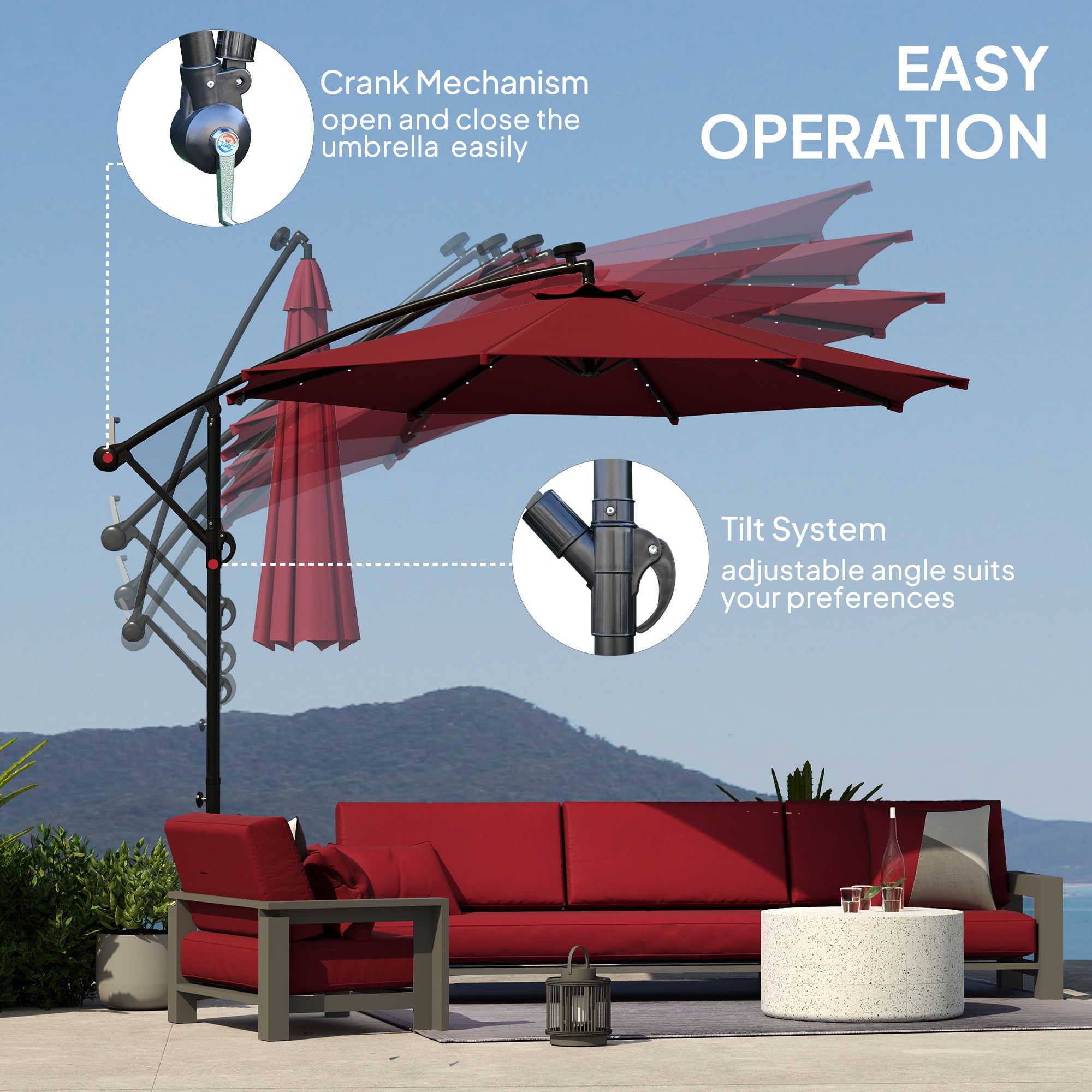 Outsunny 10ft Outdoor Cantilever Umbrella with Solar Lights, Banana Umbrella with Adjustable Angle for Patio, Backyard, Wine Red