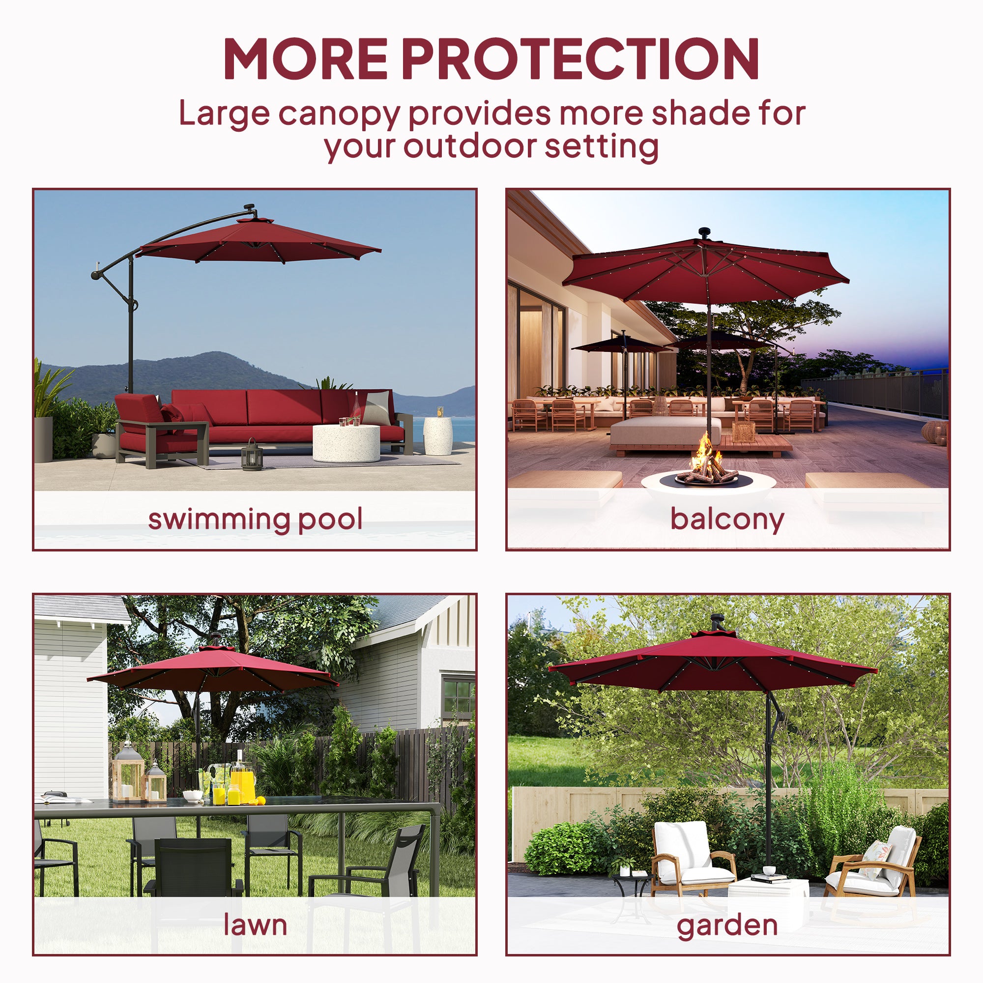 Outsunny 10ft Outdoor Cantilever Umbrella with Solar Lights, Banana Umbrella with Adjustable Angle for Patio, Backyard, Wine Red