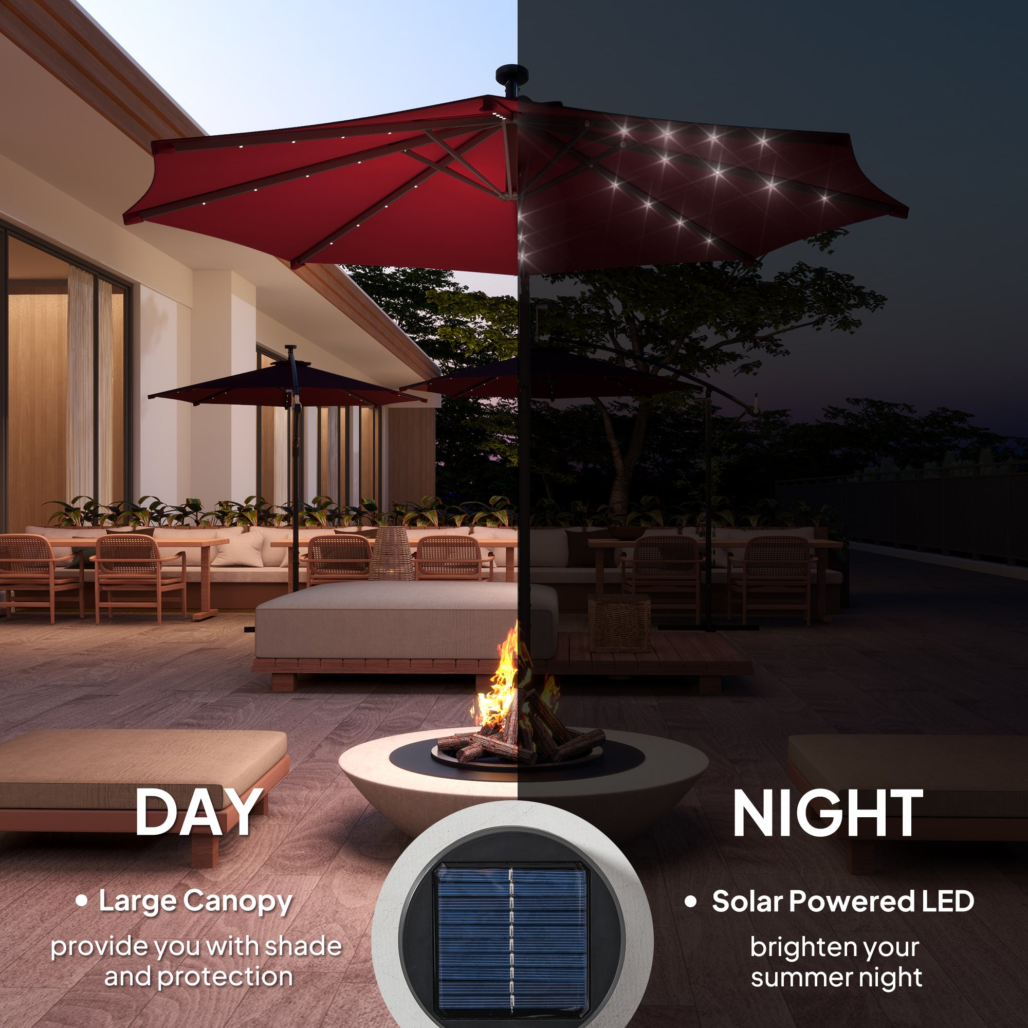 Outsunny 10ft Outdoor Cantilever Umbrella with Solar Lights, Banana Umbrella with Adjustable Angle for Patio, Backyard, Wine Red