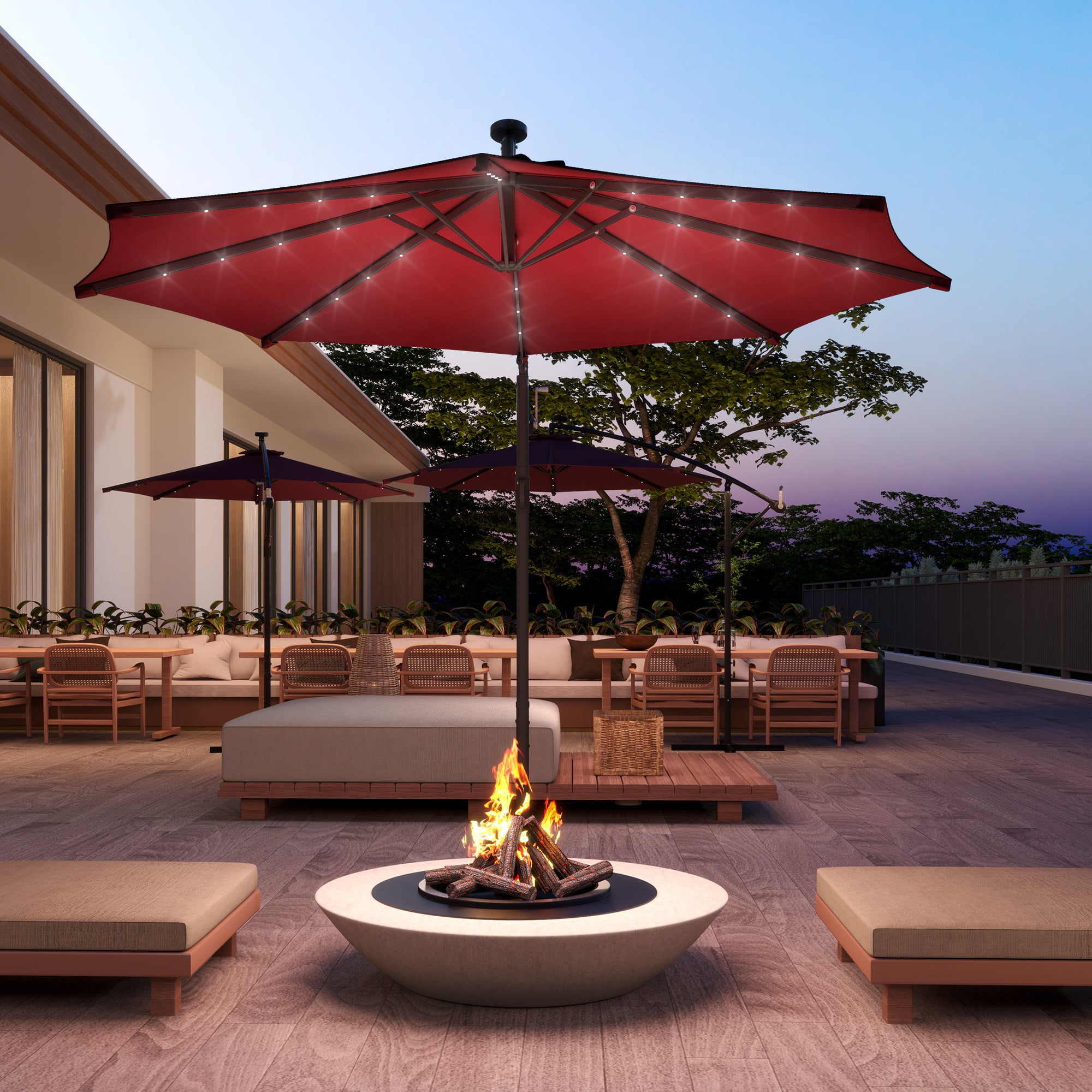 Outsunny 10ft Outdoor Cantilever Umbrella with Solar Lights, Banana Umbrella with Adjustable Angle for Patio, Backyard, Wine Red