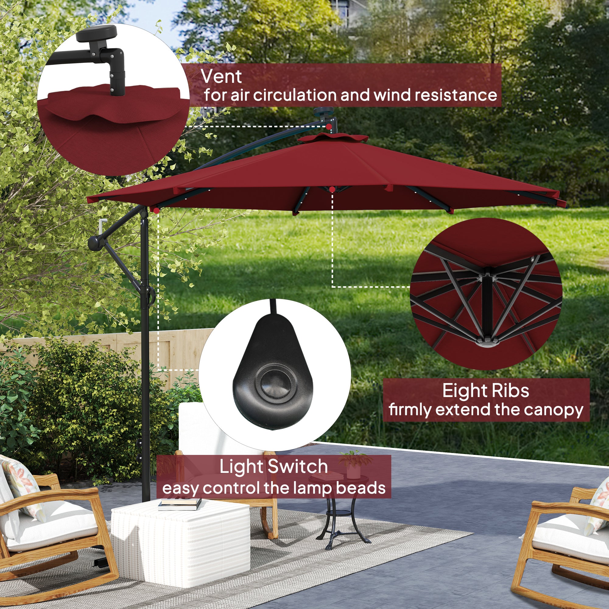 Outsunny 10ft Outdoor Cantilever Umbrella with Solar Lights, Banana Umbrella with Adjustable Angle for Patio, Backyard, Wine Red