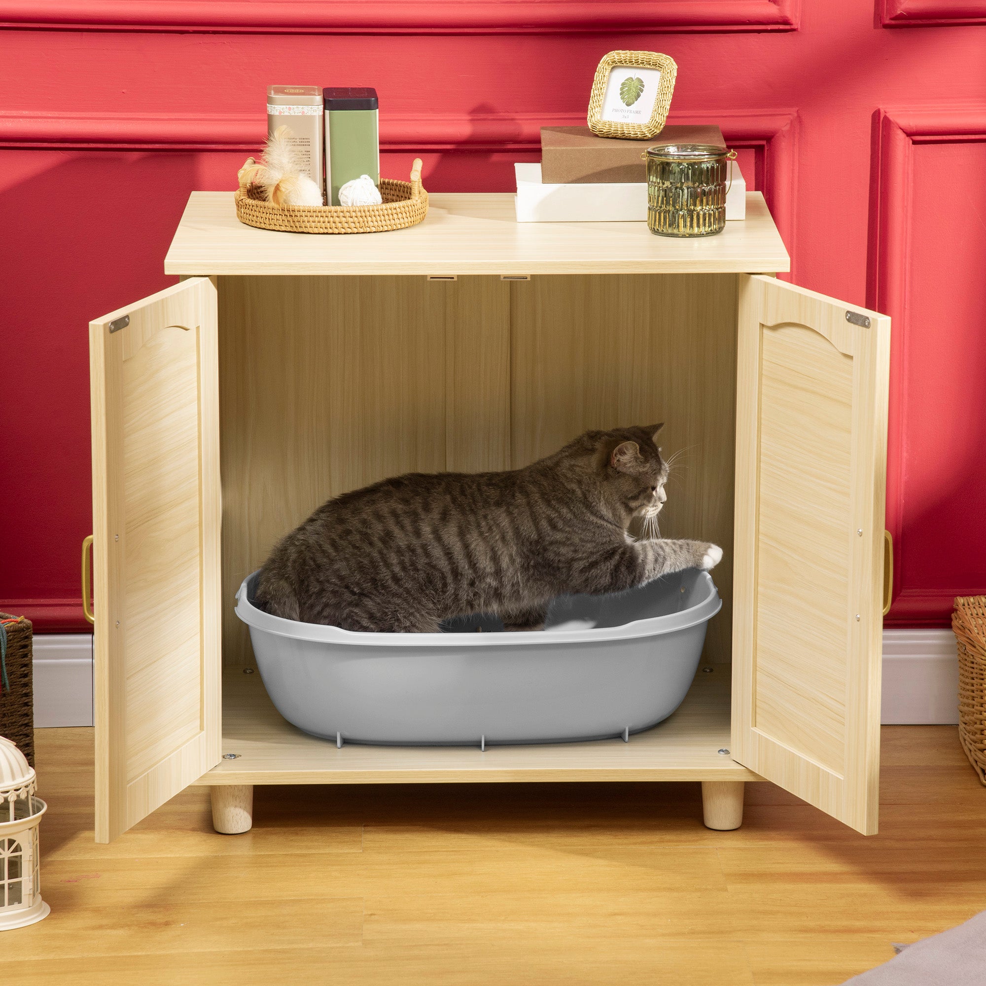 PawHut Cat Litter Box Enclosure with Soft Cushion, Indoor Cat Washroom Storage Bench End Table with PE Rattan Trim, Magnetic Doors, Easy Assembly, Oak