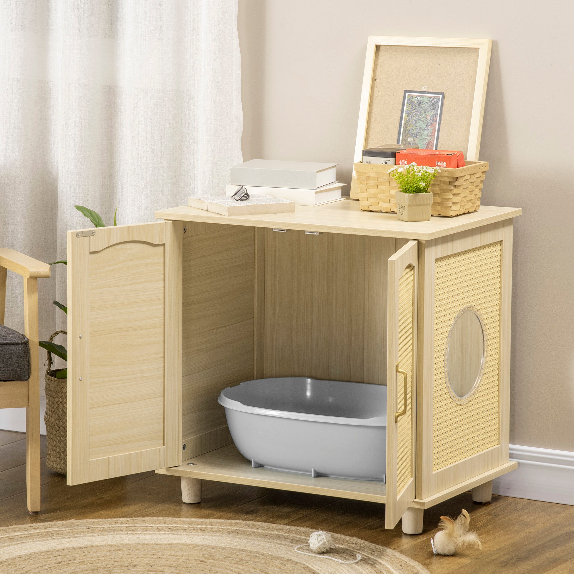 PawHut Cat Litter Box Enclosure with Soft Cushion, Indoor Cat Washroom Storage Bench End Table with PE Rattan Trim, Magnetic Doors, Easy Assembly, Oak
