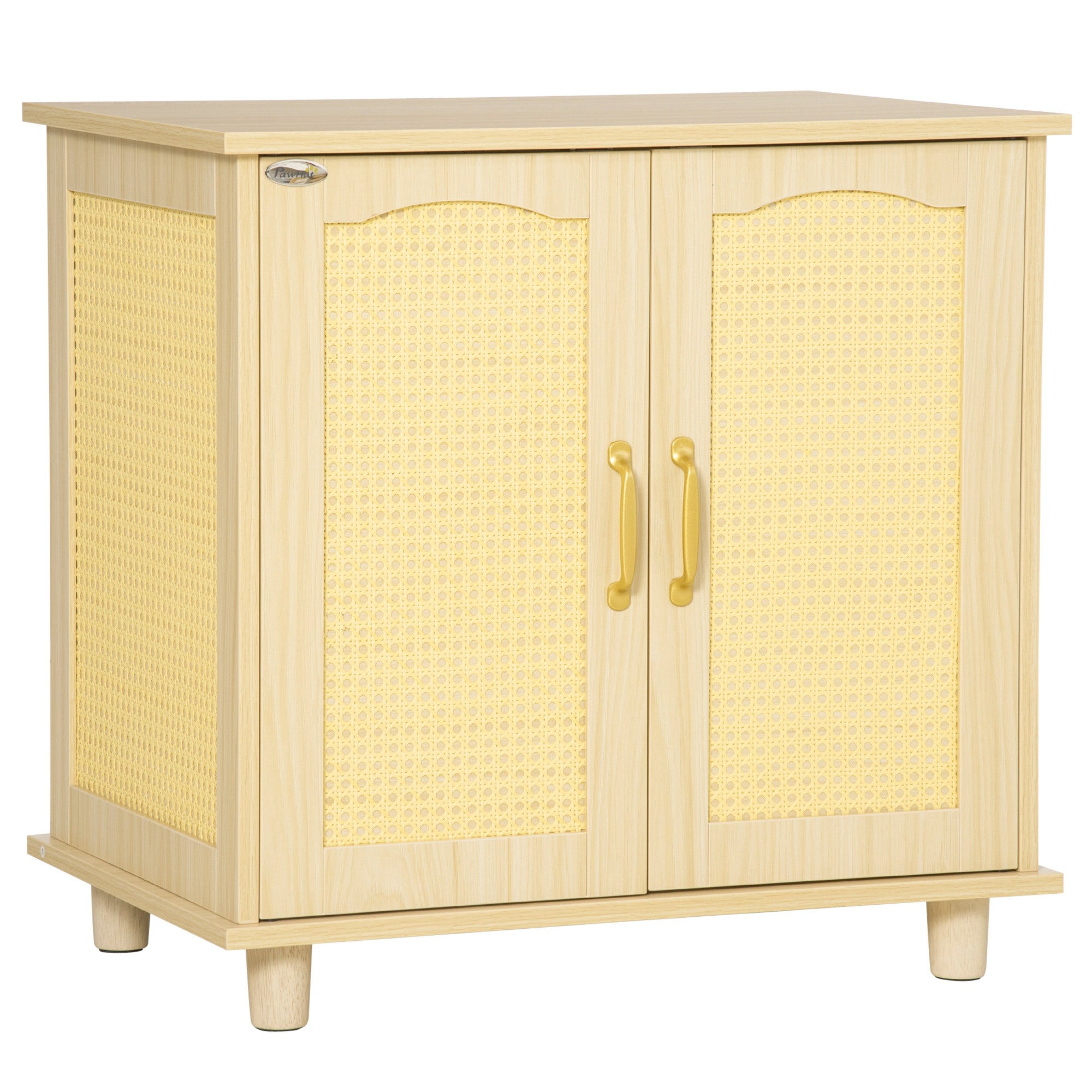 PawHut Cat Litter Box Enclosure with Soft Cushion, Indoor Cat Washroom Storage Bench End Table with PE Rattan Trim, Magnetic Doors, Easy Assembly, Oak