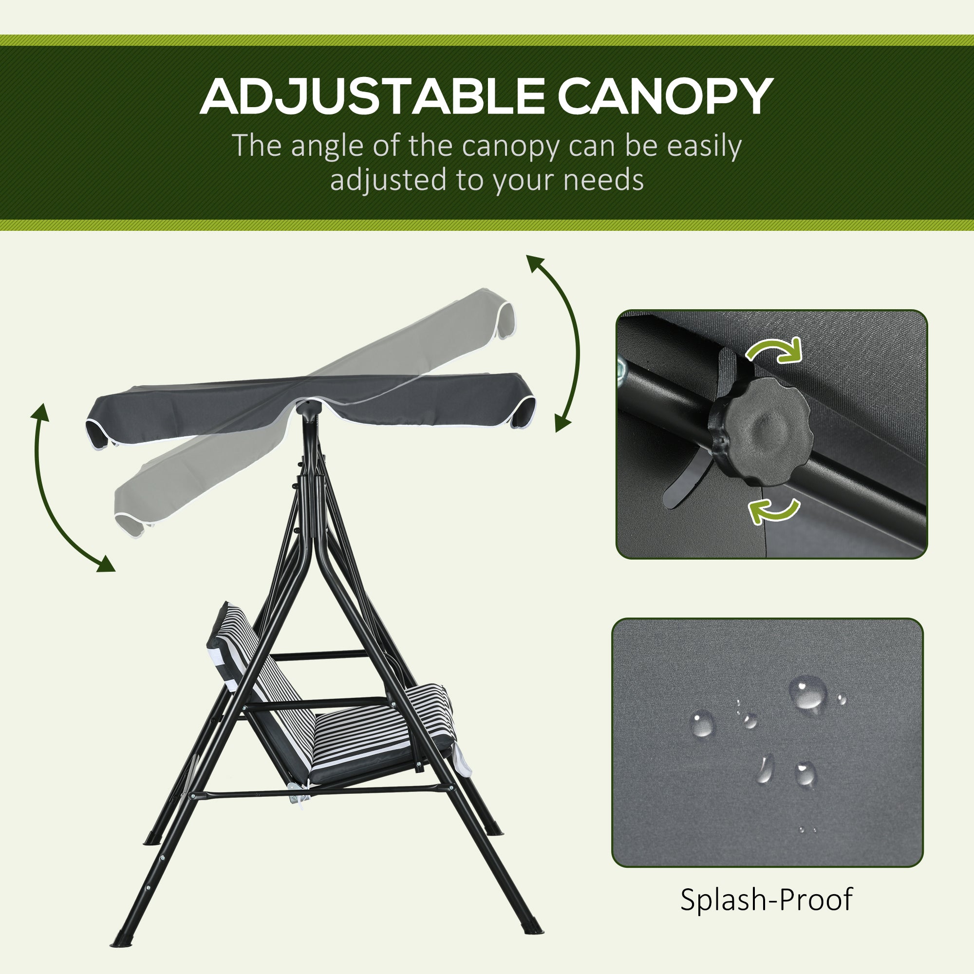Outsunny 3-Seat Patio Swing Chair, Outdoor Porch Swing Glider with Adjustable Canopy, Removable Cushion, and Weather Resistant Steel Frame, for Garden, Poolside, Grey and White