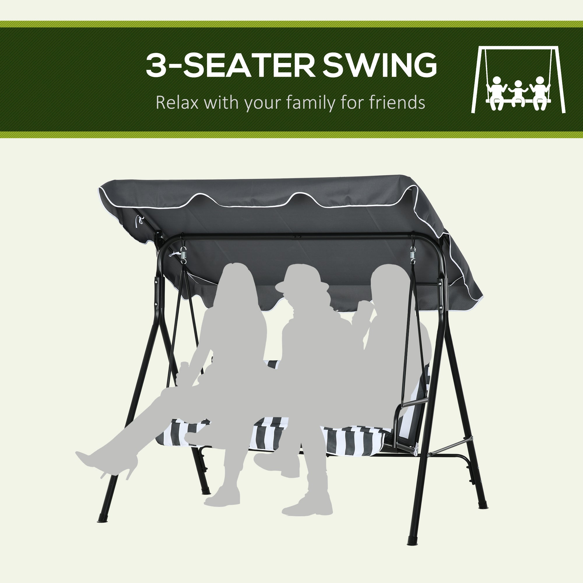 Outsunny 3-Seat Patio Swing Chair, Outdoor Porch Swing Glider with Adjustable Canopy, Removable Cushion, and Weather Resistant Steel Frame, for Garden, Poolside, Grey and White