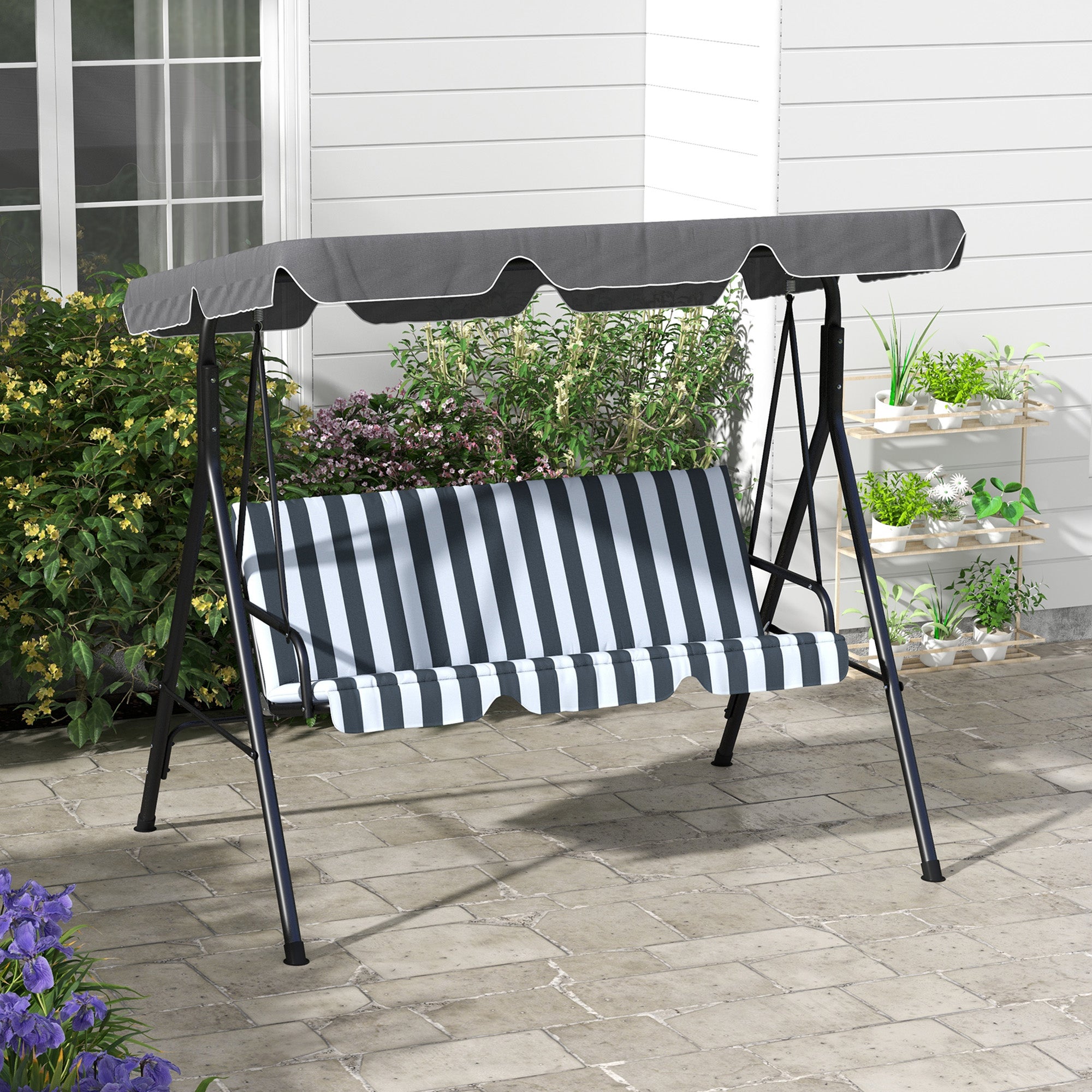 Outsunny 3-Seat Patio Swing Chair, Outdoor Porch Swing Glider with Adjustable Canopy, Removable Cushion, and Weather Resistant Steel Frame, for Garden, Poolside, Grey and White