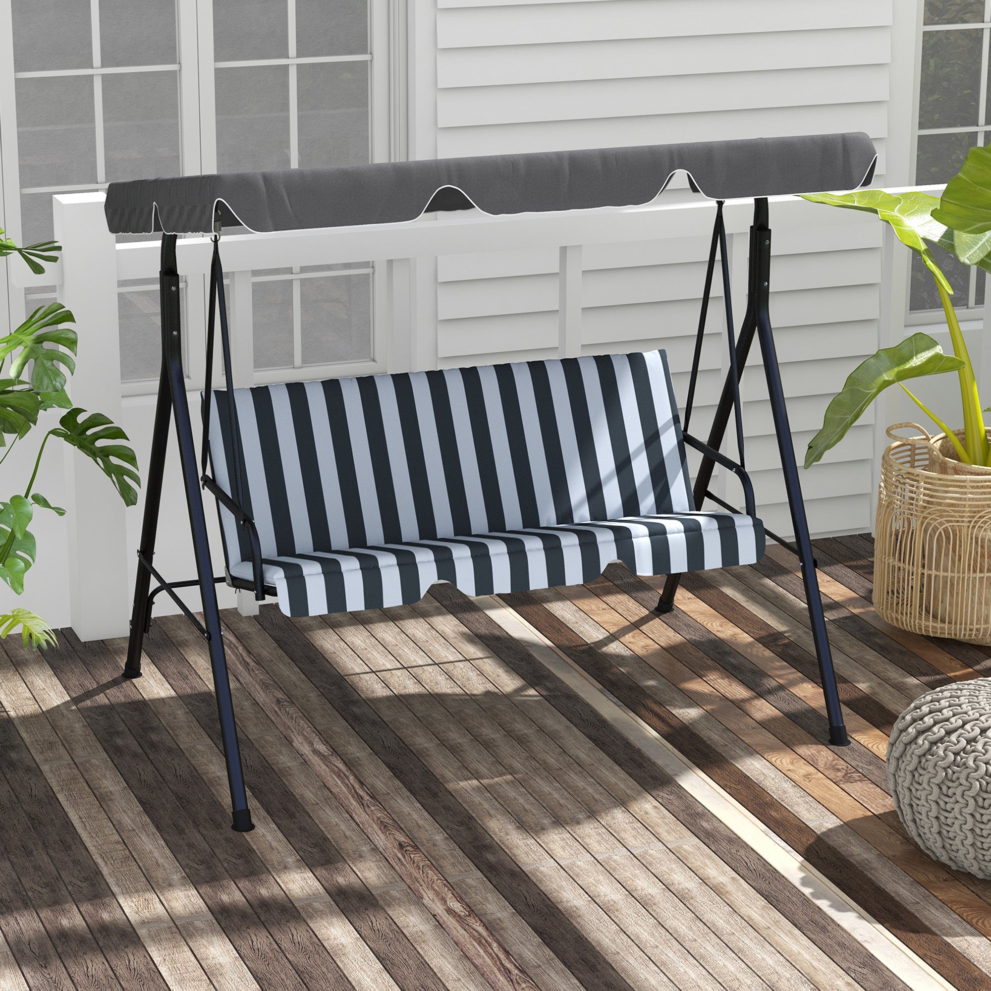 Outsunny 3-Seat Patio Swing Chair, Outdoor Porch Swing Glider with Adjustable Canopy, Removable Cushion, and Weather Resistant Steel Frame, for Garden, Poolside, Grey and White