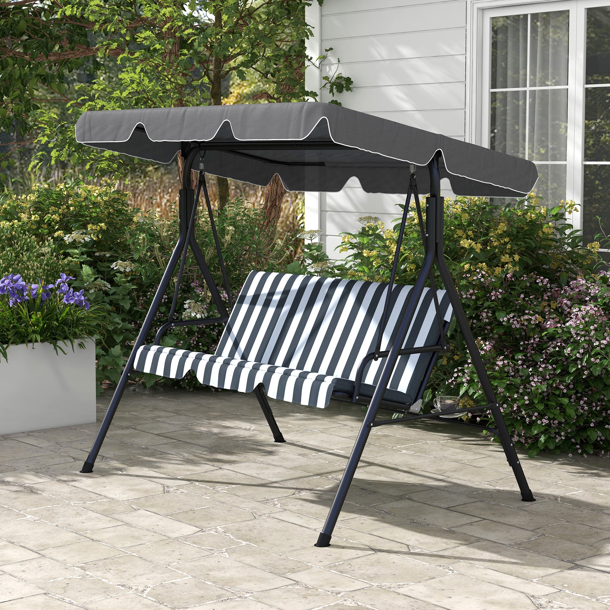 Outsunny 3-Seat Patio Swing Chair, Outdoor Porch Swing Glider with Adjustable Canopy, Removable Cushion, and Weather Resistant Steel Frame, for Garden, Poolside, Grey and White