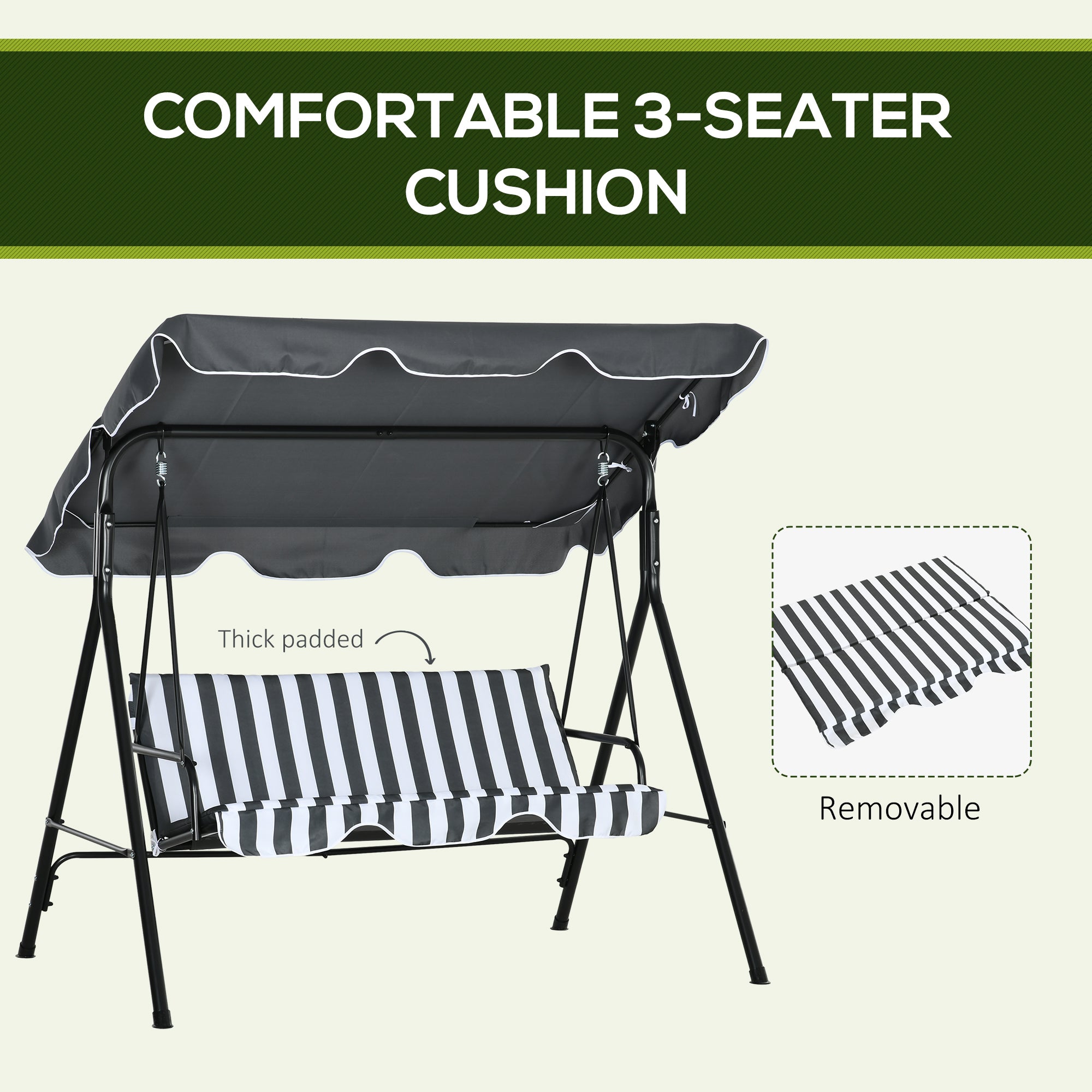 Outsunny 3-Seat Patio Swing Chair, Outdoor Porch Swing Glider with Adjustable Canopy, Removable Cushion, and Weather Resistant Steel Frame, for Garden, Poolside, Grey and White