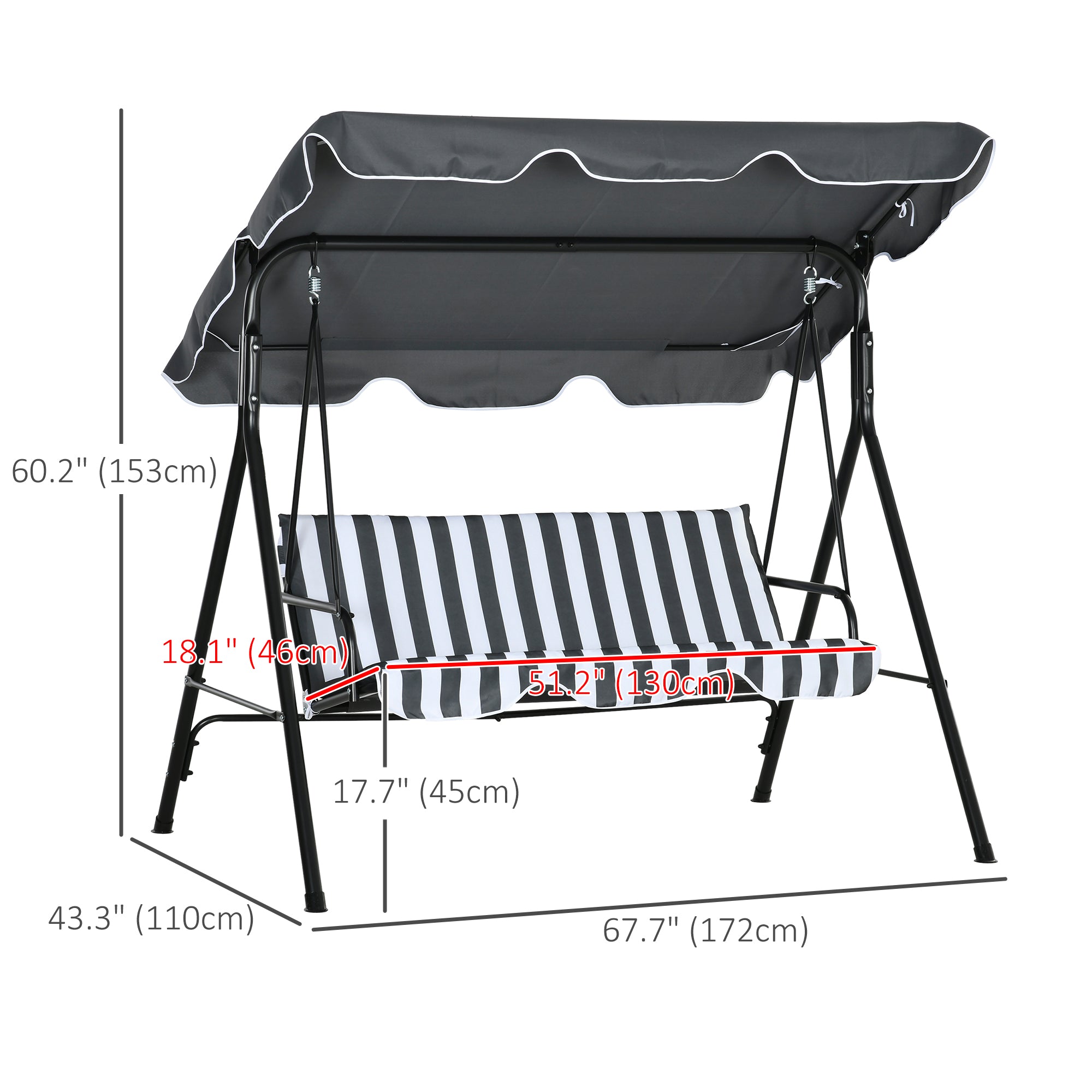 Outsunny 3-Seat Patio Swing Chair, Outdoor Porch Swing Glider with Adjustable Canopy, Removable Cushion, and Weather Resistant Steel Frame, for Garden, Poolside, Grey and White