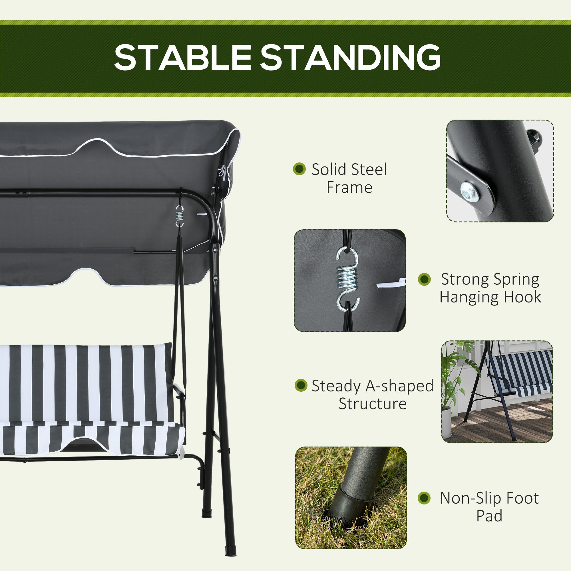 Outsunny 3-Seat Patio Swing Chair, Outdoor Porch Swing Glider with Adjustable Canopy, Removable Cushion, and Weather Resistant Steel Frame, for Garden, Poolside, Grey and White