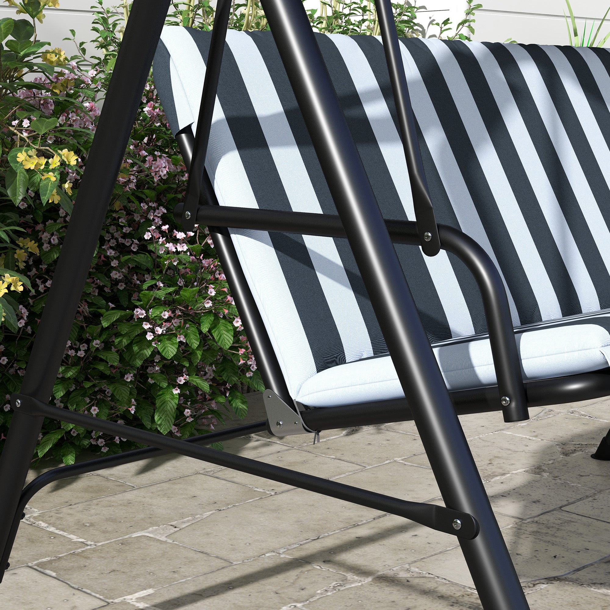Outsunny 3-Seat Patio Swing Chair, Outdoor Porch Swing Glider with Adjustable Canopy, Removable Cushion, and Weather Resistant Steel Frame, for Garden, Poolside, Grey and White