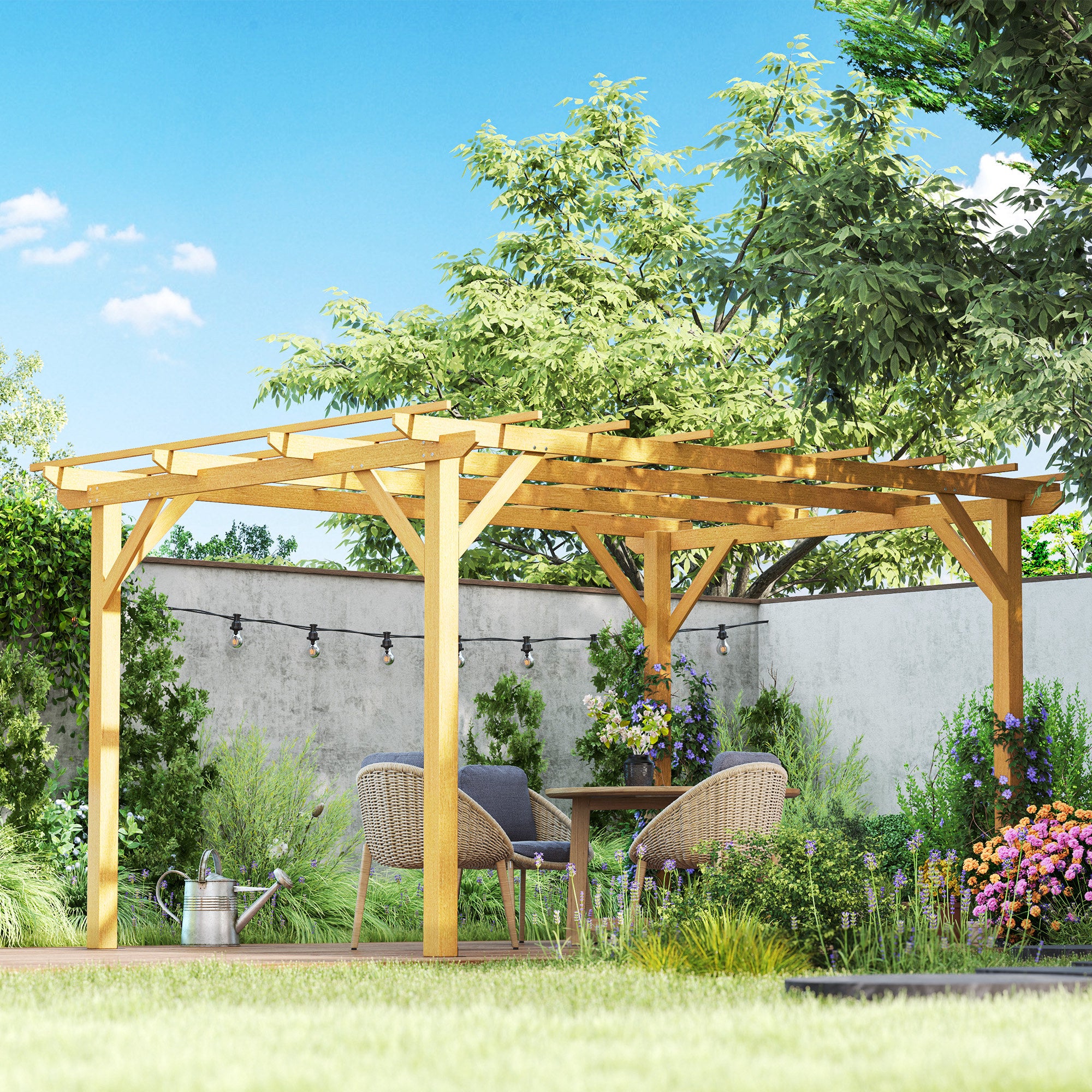 Outsunny 10' x 13' Outdoor Pergola, Wood Gazebo Grape Trellis with Stable Structure and Concrete Anchors for Climbing Plant Support, Garden, Patio, Backyard, Deck, Nature Wood