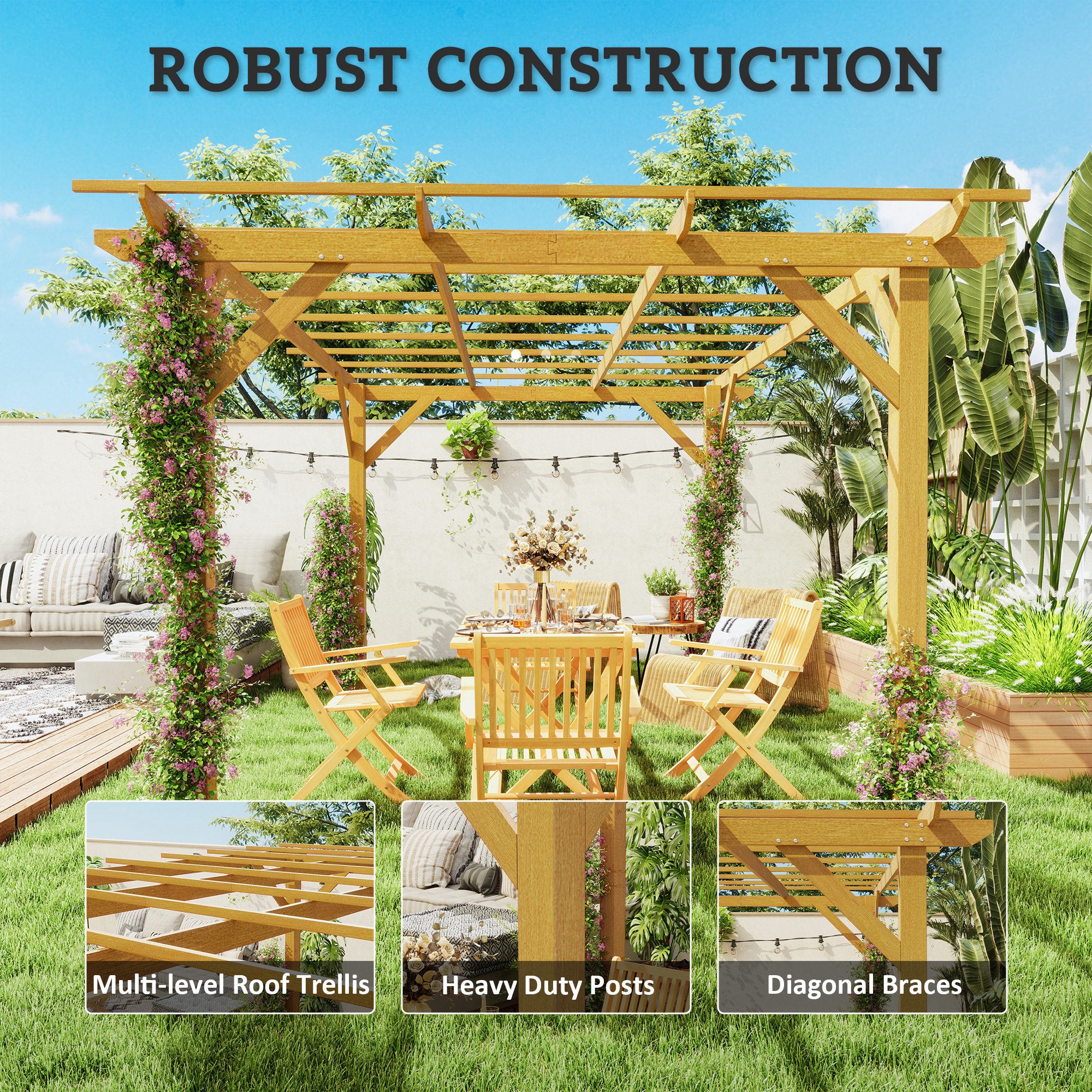 Outsunny 10' x 13' Outdoor Pergola, Wood Gazebo Grape Trellis with Stable Structure and Concrete Anchors for Climbing Plant Support, Garden, Patio, Backyard, Deck, Nature Wood