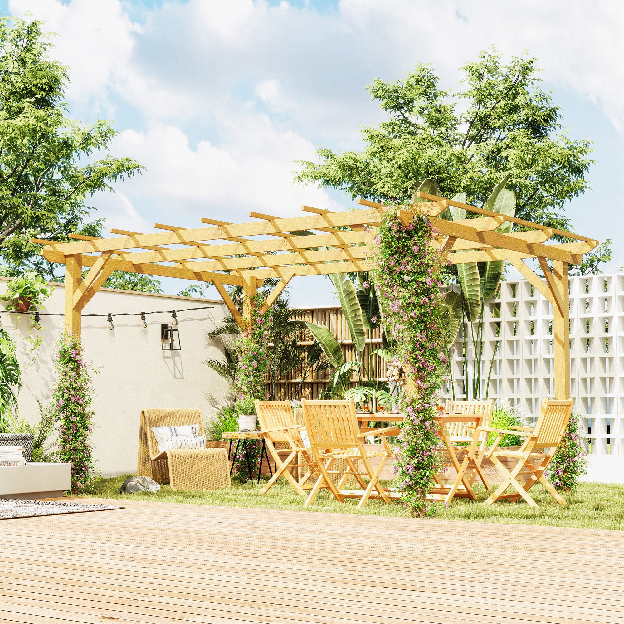 Outsunny 10' x 13' Outdoor Pergola, Wood Gazebo Grape Trellis with Stable Structure and Concrete Anchors for Climbing Plant Support, Garden, Patio, Backyard, Deck, Nature Wood