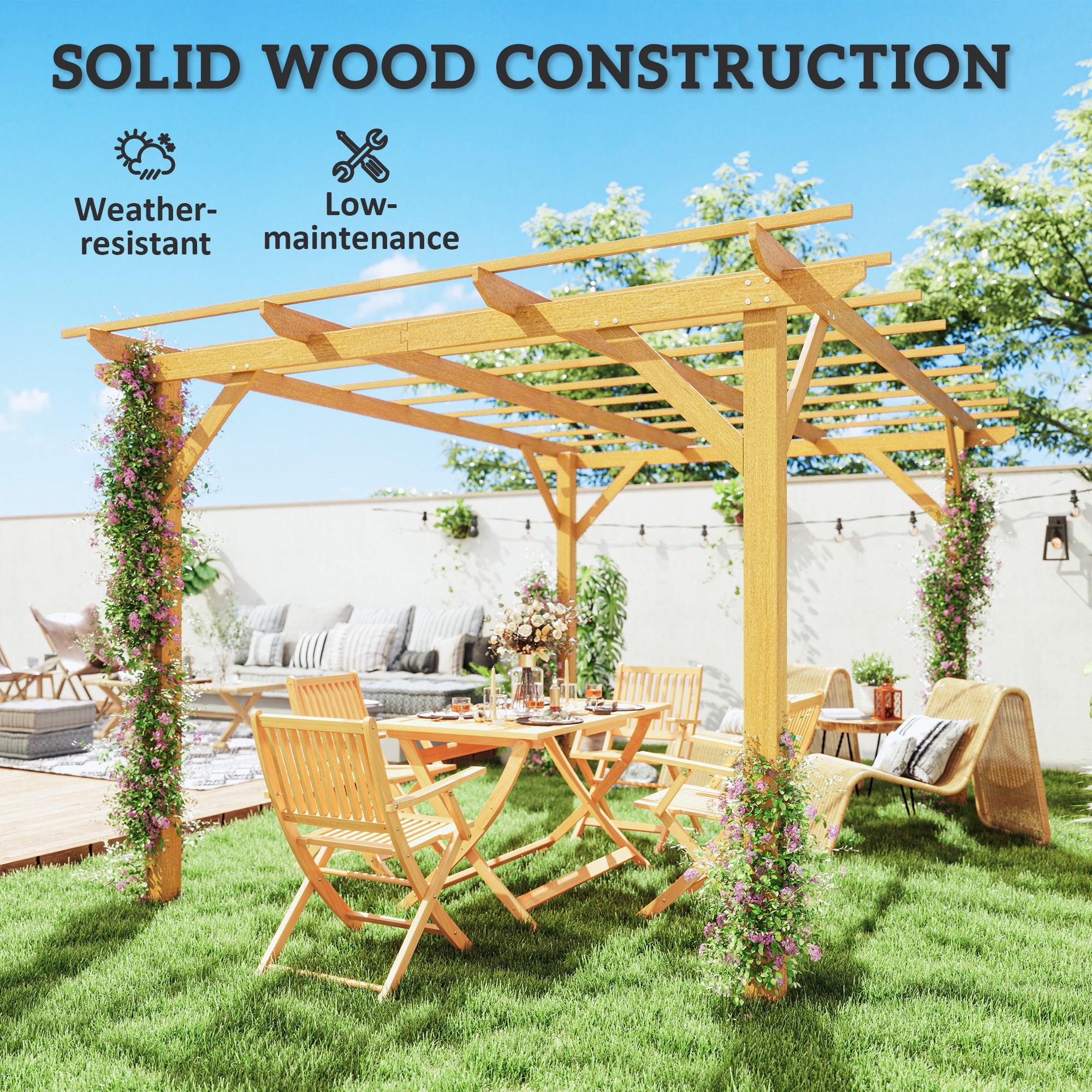 Outsunny 10' x 13' Outdoor Pergola, Wood Gazebo Grape Trellis with Stable Structure and Concrete Anchors for Climbing Plant Support, Garden, Patio, Backyard, Deck, Nature Wood