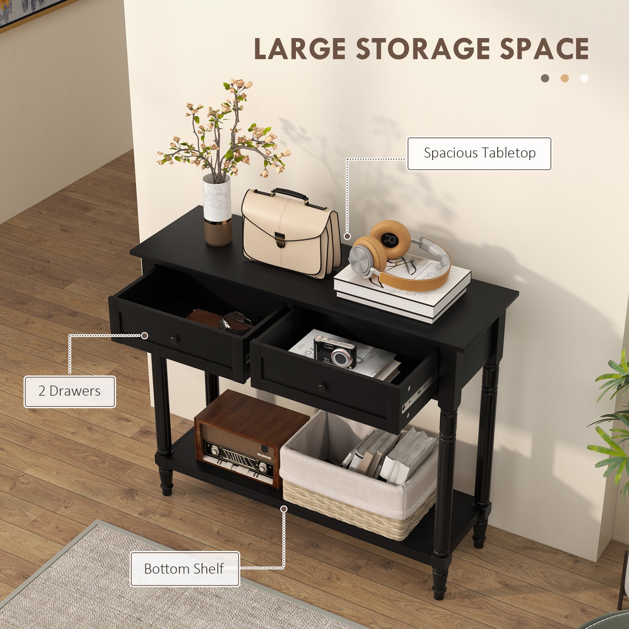HOMCOM 35.8" Modern Console Table with Drawers, 2-Tier Entryway Table with Shelf and Turned Legs for Hallway, Living Room, Black