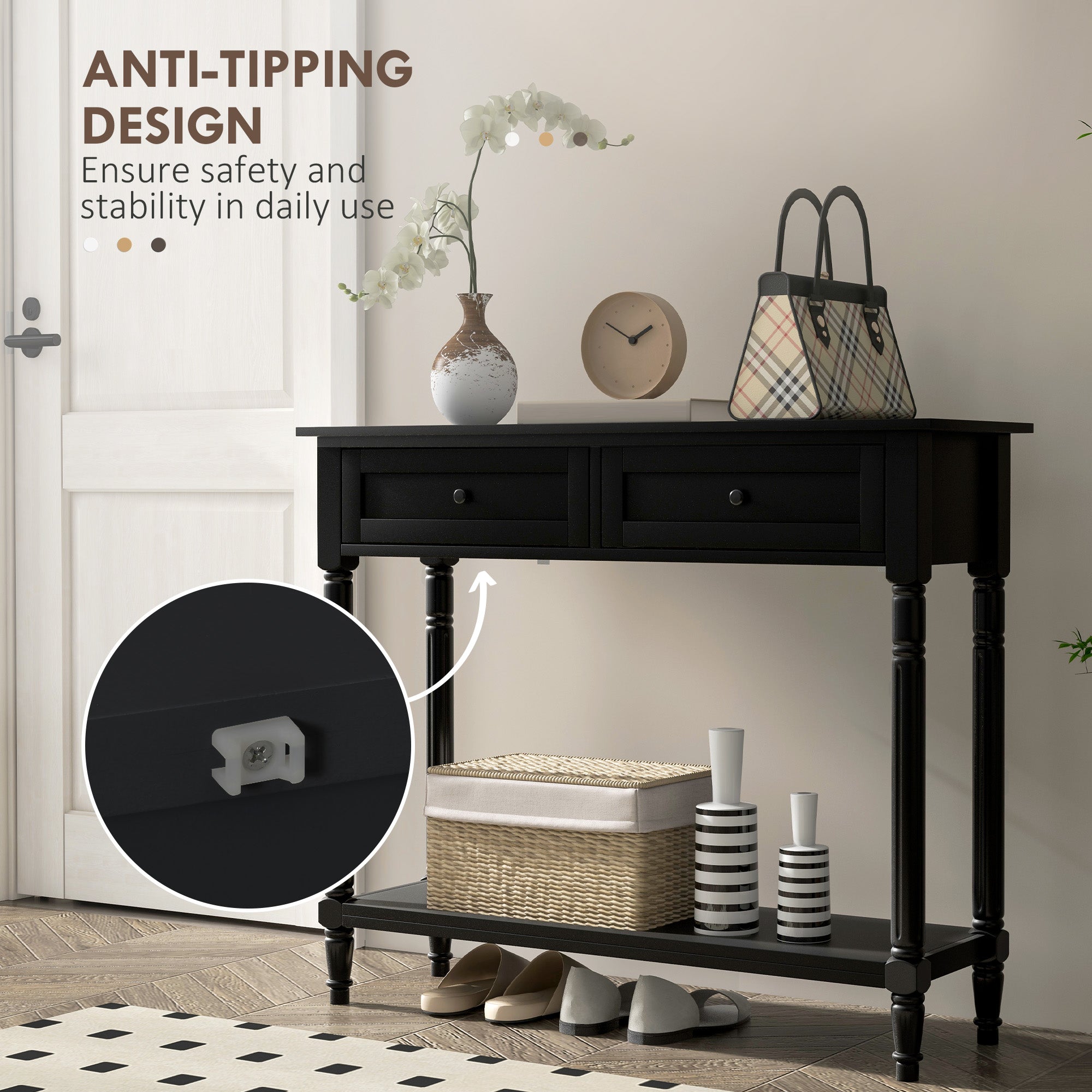 HOMCOM 35.8" Modern Console Table with Drawers, 2-Tier Entryway Table with Shelf and Turned Legs for Hallway, Living Room, Black