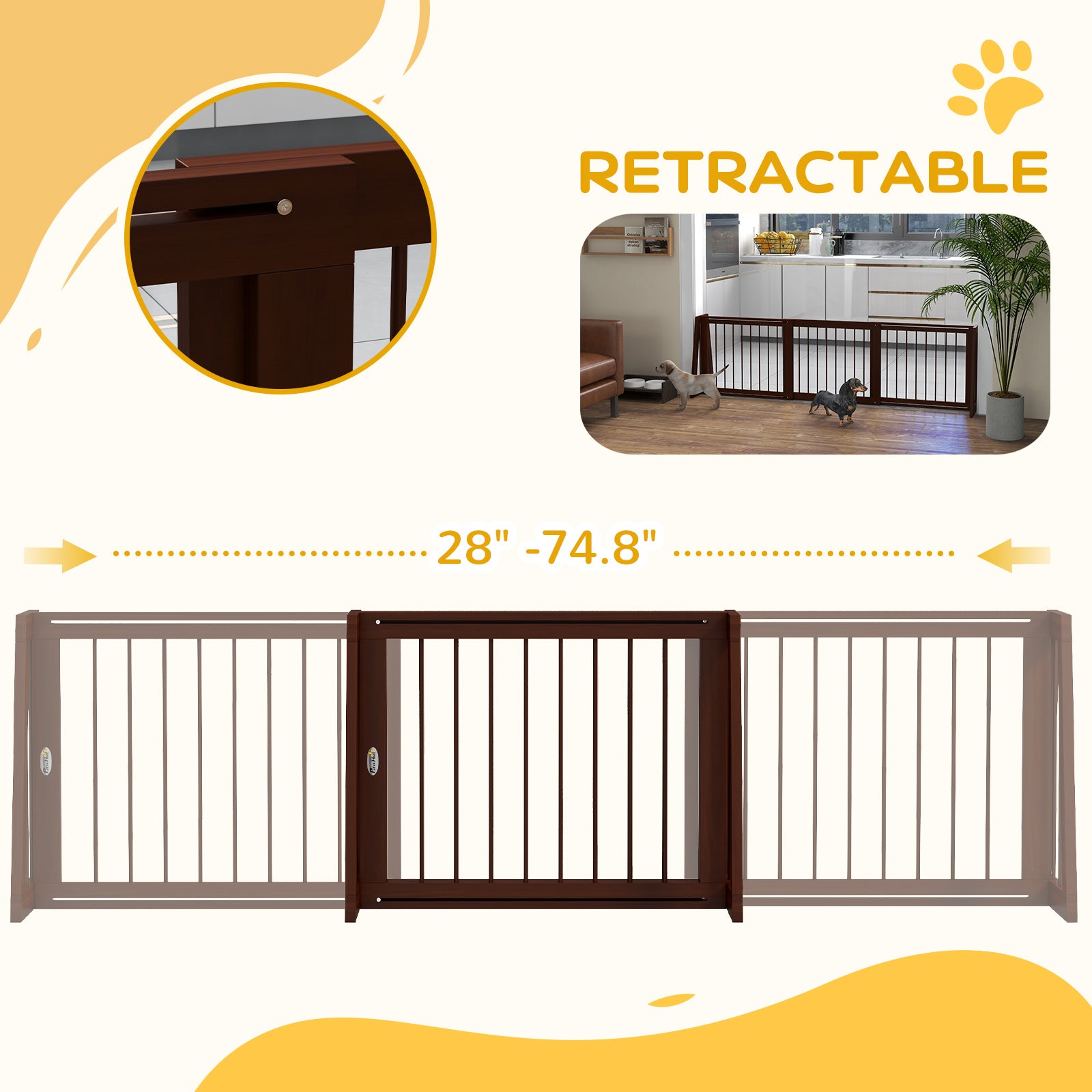 PawHut Freestanding Pet Gate, Wooden Dog Gate with 28"-75" Retractable Length, Support Feet, Non-Slip Mats, 3 Panel Pet Gate for Indoor, Stairway, Doorway, Brown