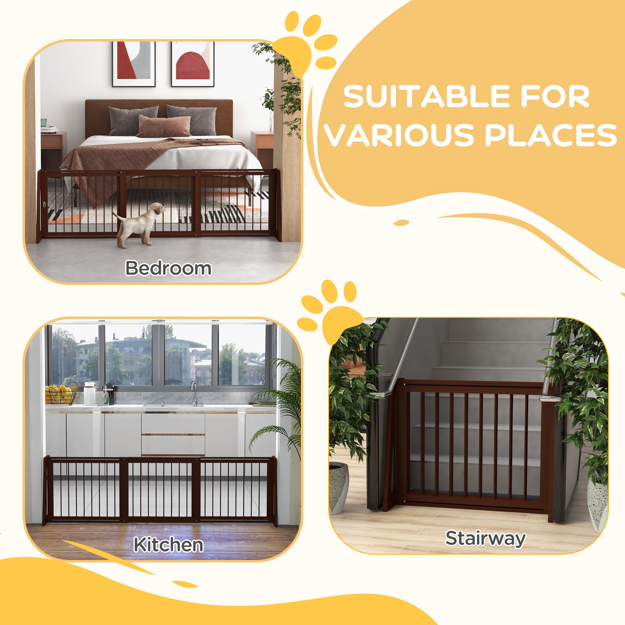 PawHut Freestanding Pet Gate, Wooden Dog Gate with 28"-75" Retractable Length, Support Feet, Non-Slip Mats, 3 Panel Pet Gate for Indoor, Stairway, Doorway, Brown