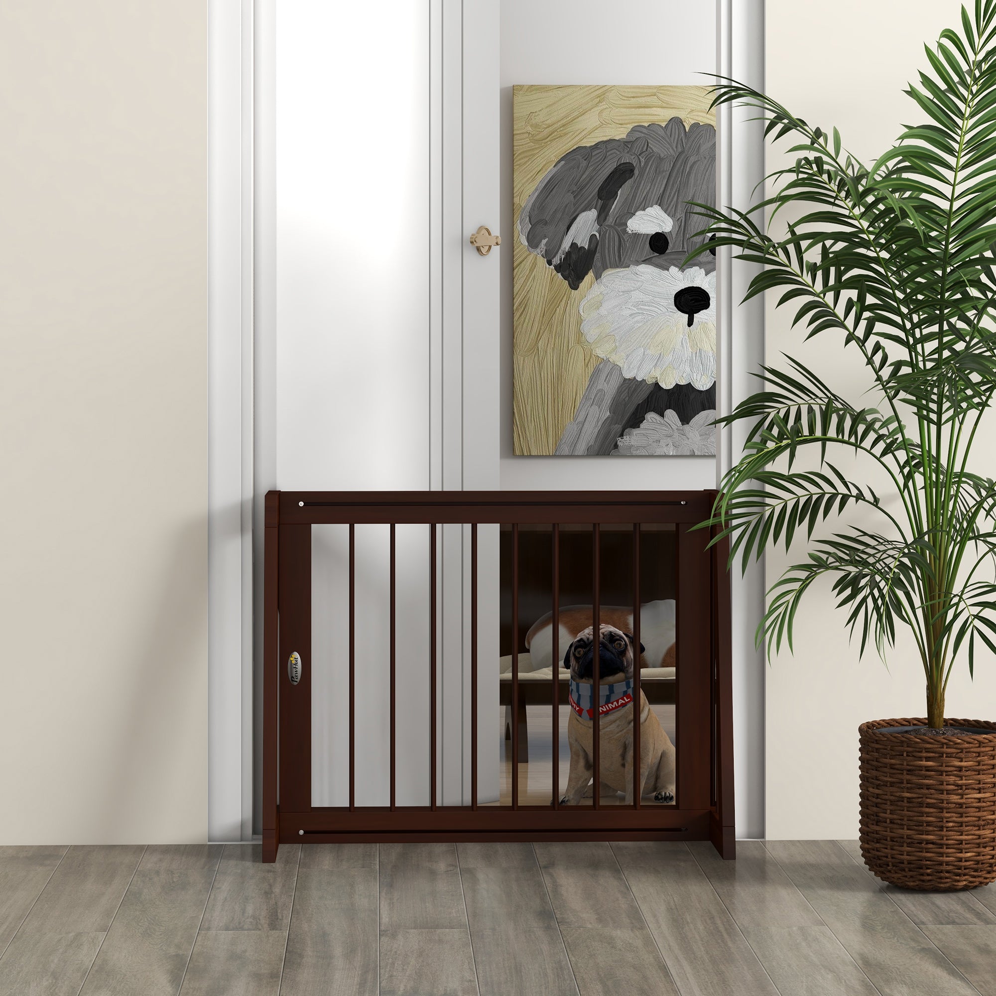 PawHut Freestanding Pet Gate, Wooden Dog Gate with 28"-75" Retractable Length, Support Feet, Non-Slip Mats, 3 Panel Pet Gate for Indoor, Stairway, Doorway, Brown