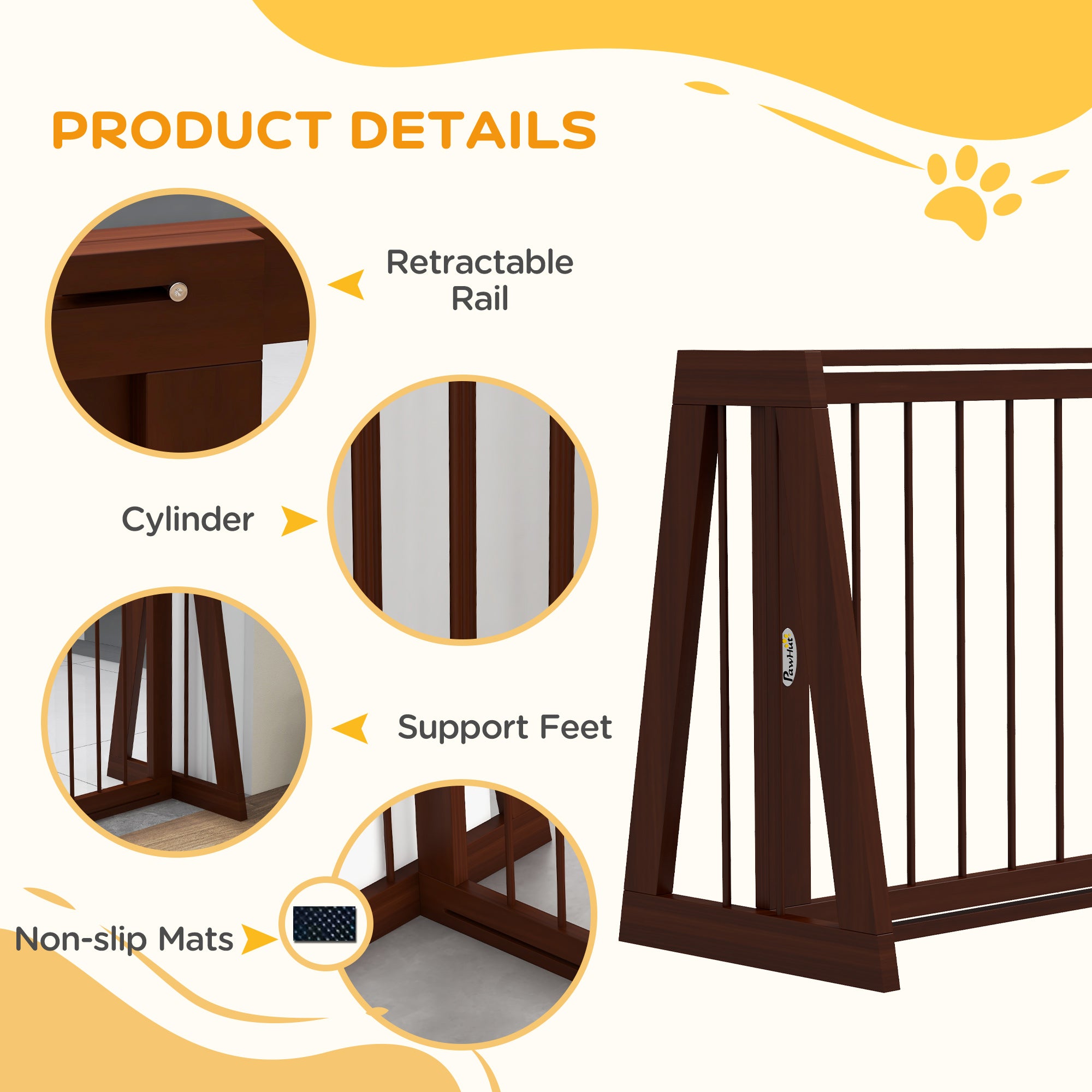 PawHut Freestanding Pet Gate, Wooden Dog Gate with 28"-75" Retractable Length, Support Feet, Non-Slip Mats, 3 Panel Pet Gate for Indoor, Stairway, Doorway, Brown