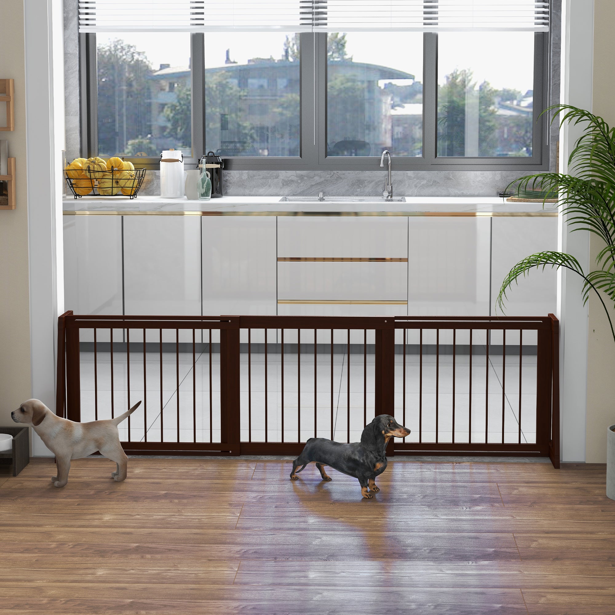 PawHut Freestanding Pet Gate, Wooden Dog Gate with 28"-75" Retractable Length, Support Feet, Non-Slip Mats, 3 Panel Pet Gate for Indoor, Stairway, Doorway, Brown