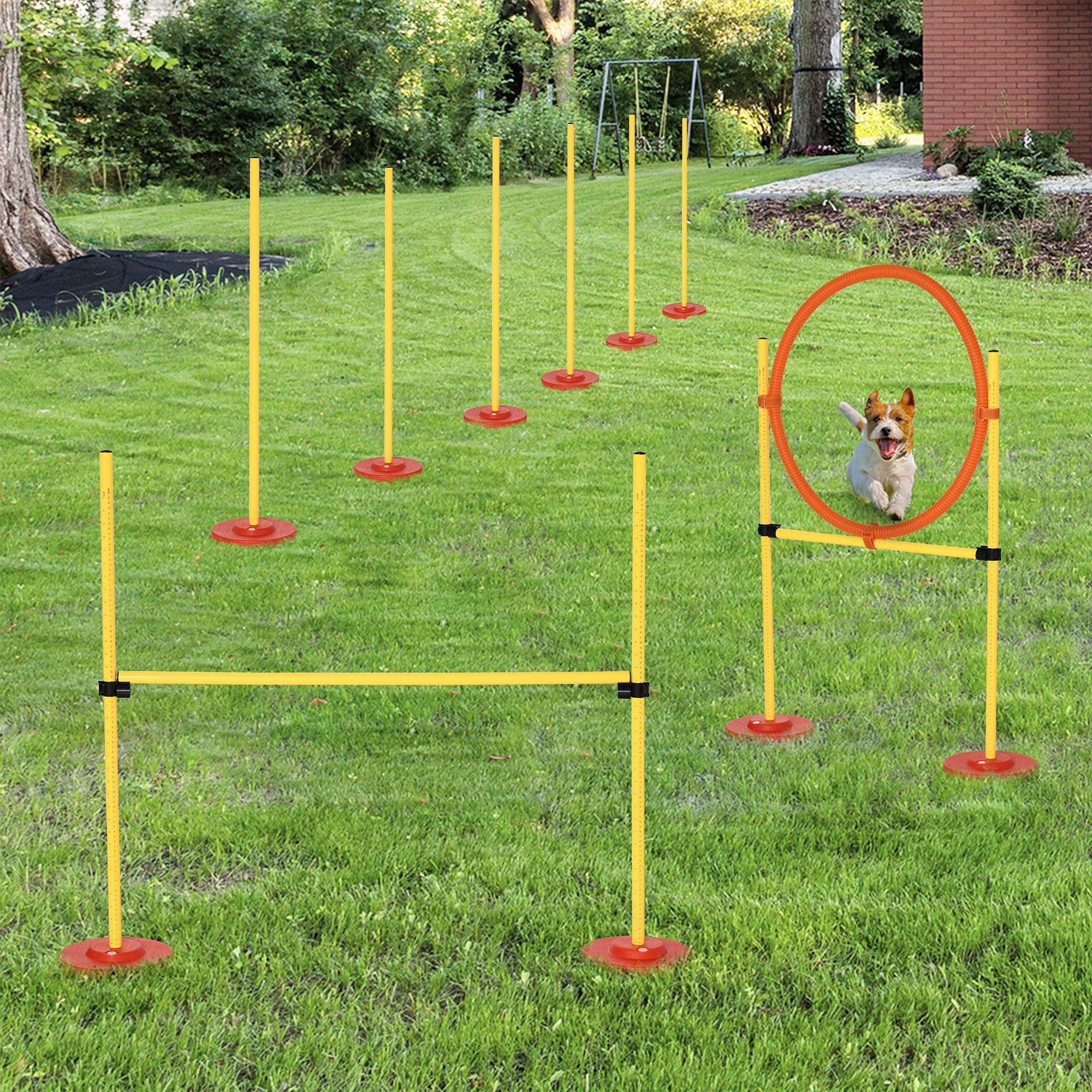 PawHut 3PCs Portable Pet Agility Training Obstacle Set for Dogs w/ Adjustable Weave Pole, Jumping Ring, Adjustable High Jump