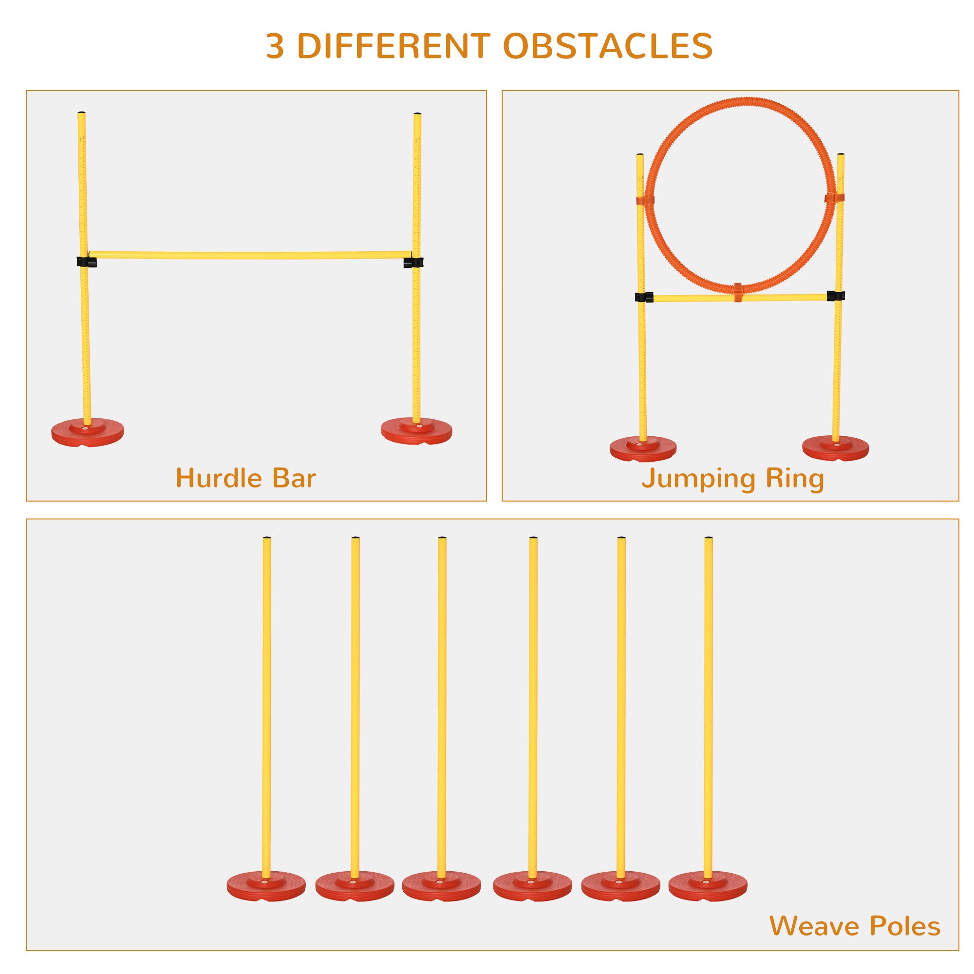 PawHut 3PCs Portable Pet Agility Training Obstacle Set for Dogs w/ Adjustable Weave Pole, Jumping Ring, Adjustable High Jump
