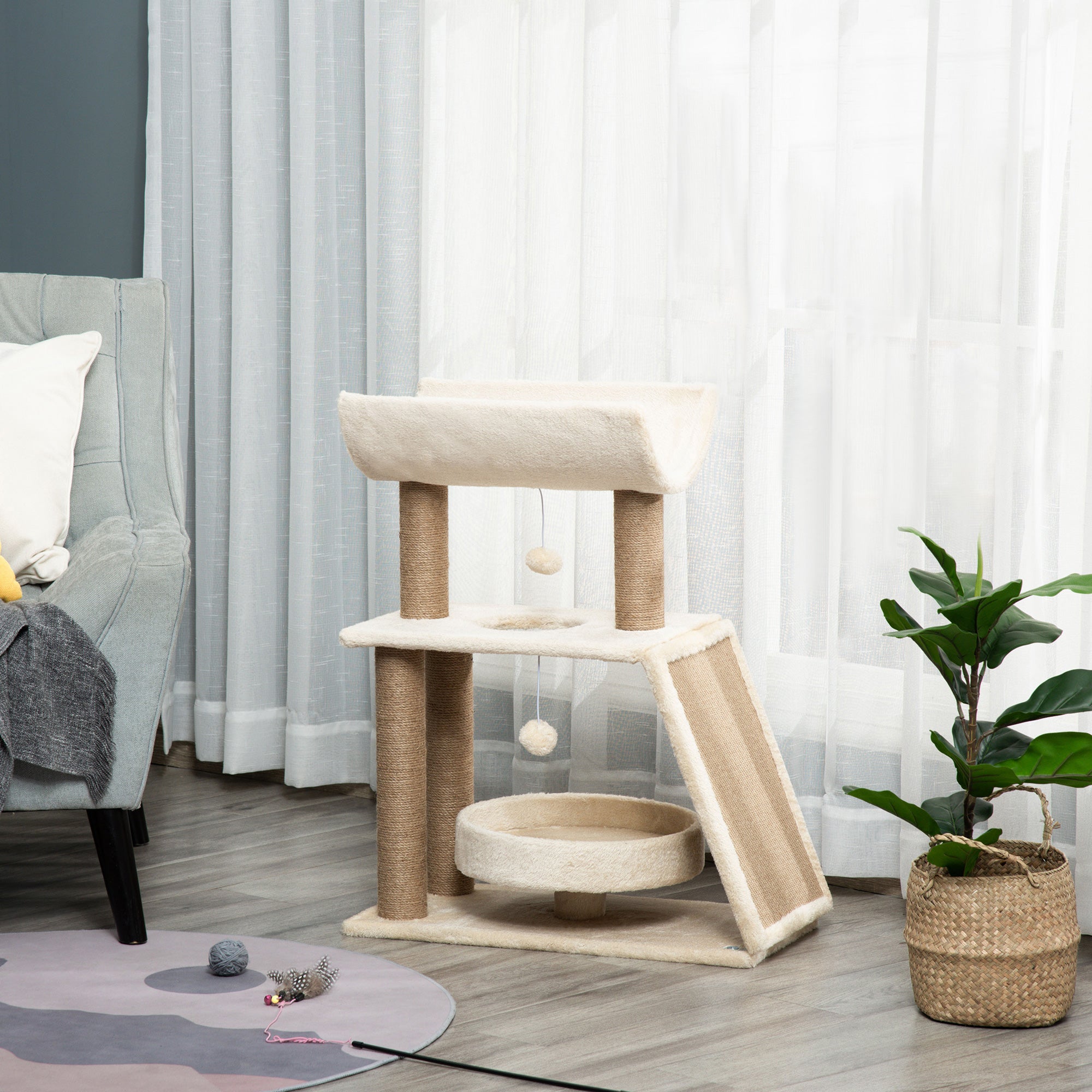 PawHut Cat Tree for Indoor Cats with Scratching Posts Pad, Kitten Tower with Bed Perch Ball Toy, 60 x 30 x 76 cm, Light Brown