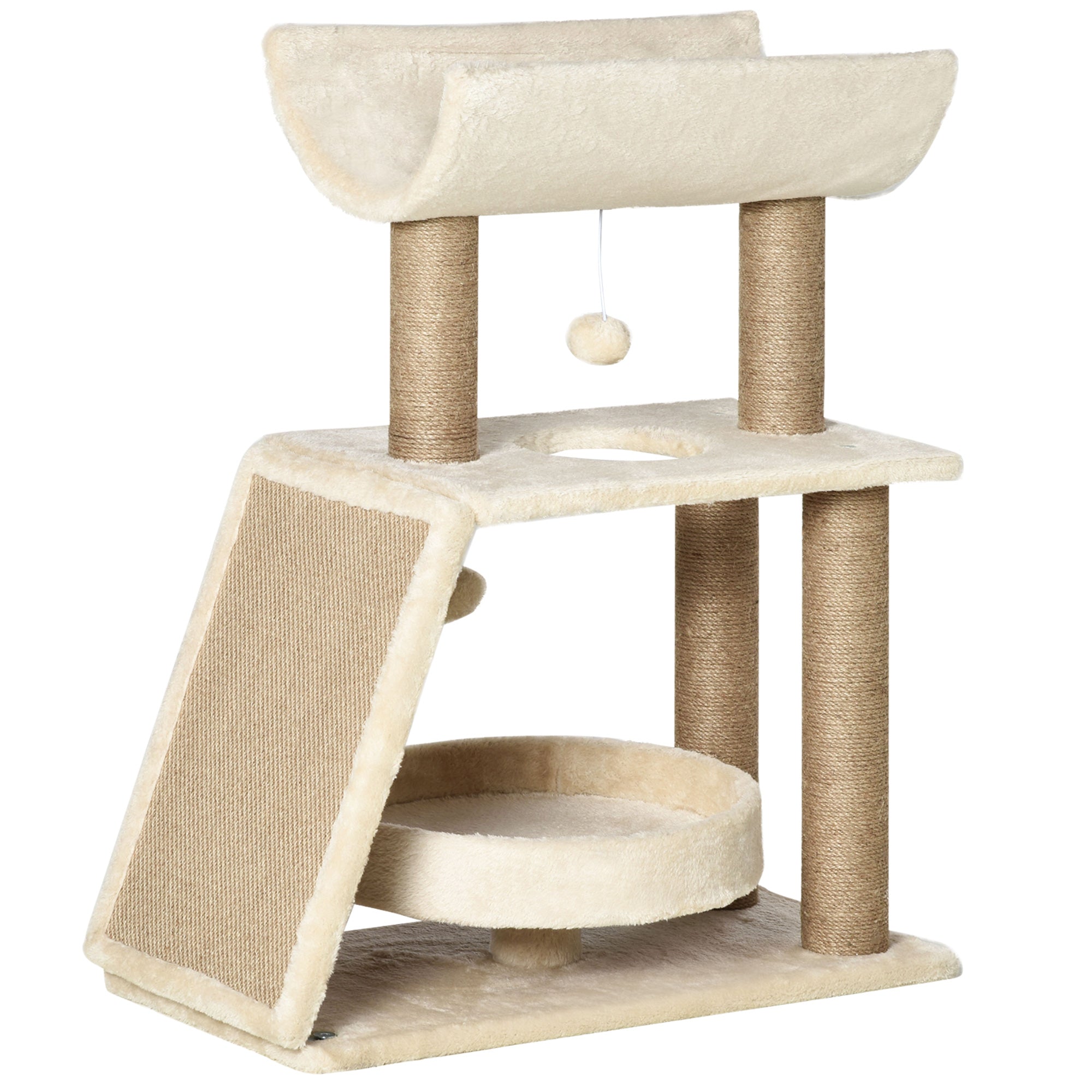 PawHut Cat Tree for Indoor Cats with Scratching Posts Pad, Kitten Tower with Bed Perch Ball Toy, 60 x 30 x 76 cm, Light Brown