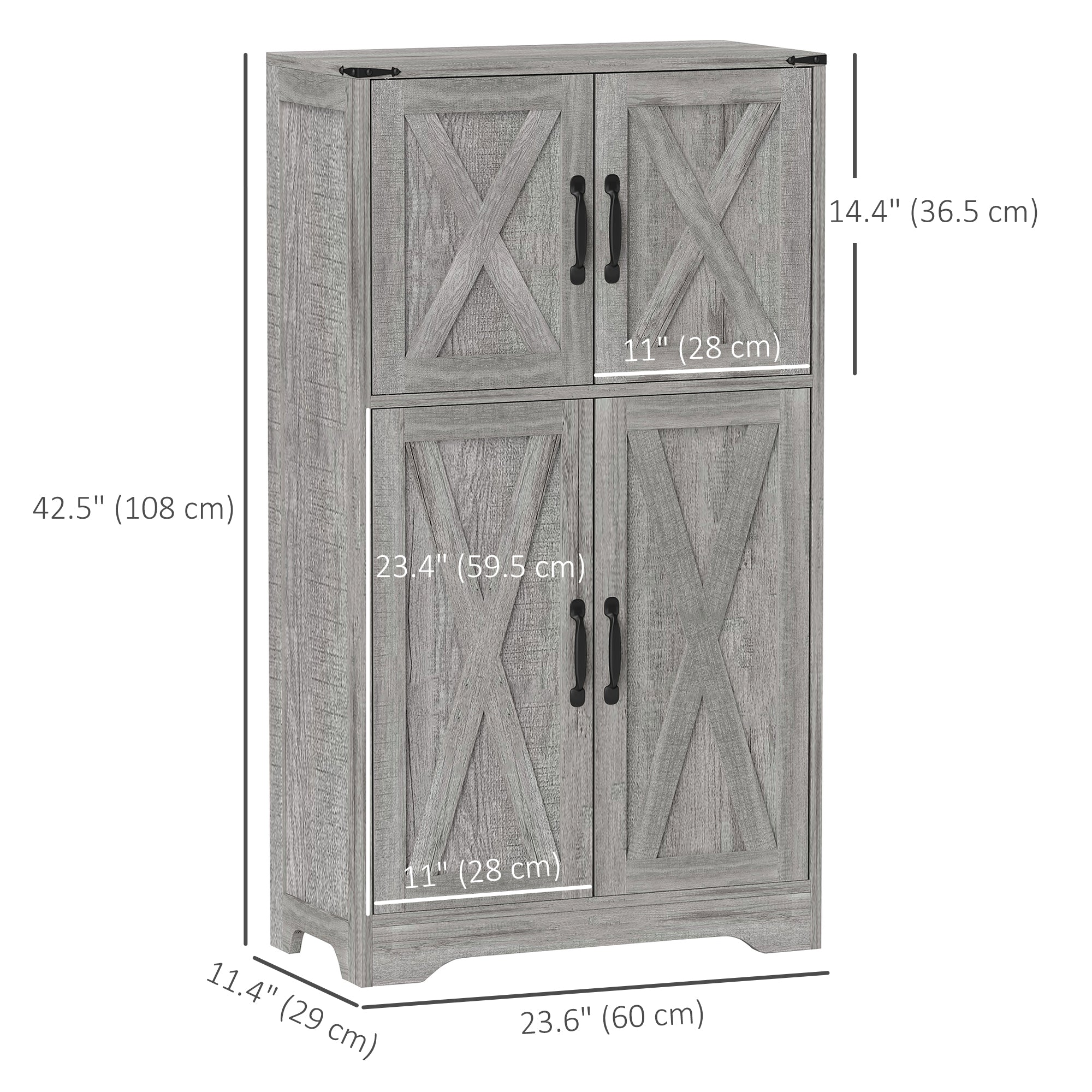 HOMCOM 42.5" Farmhouse Kitchen Pantry Cabinet, Freestanding Pantry Storage Cabinet with Barn Doors and Adjustable Shelves, Kitchen Cabinet, Grey Wood Grain