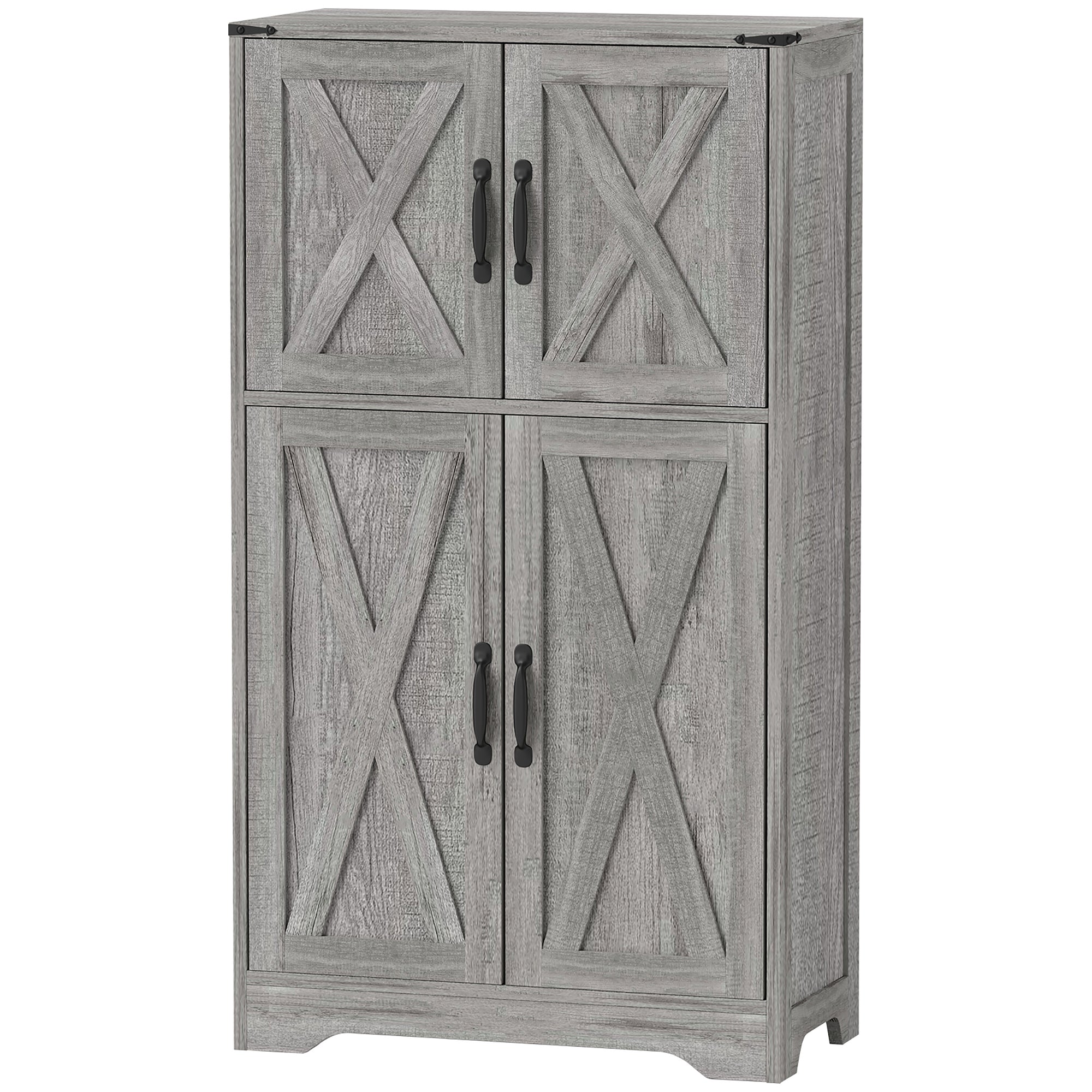 HOMCOM 42.5" Farmhouse Kitchen Pantry Cabinet, Freestanding Pantry Storage Cabinet with Barn Doors and Adjustable Shelves, Kitchen Cabinet, Grey Wood Grain