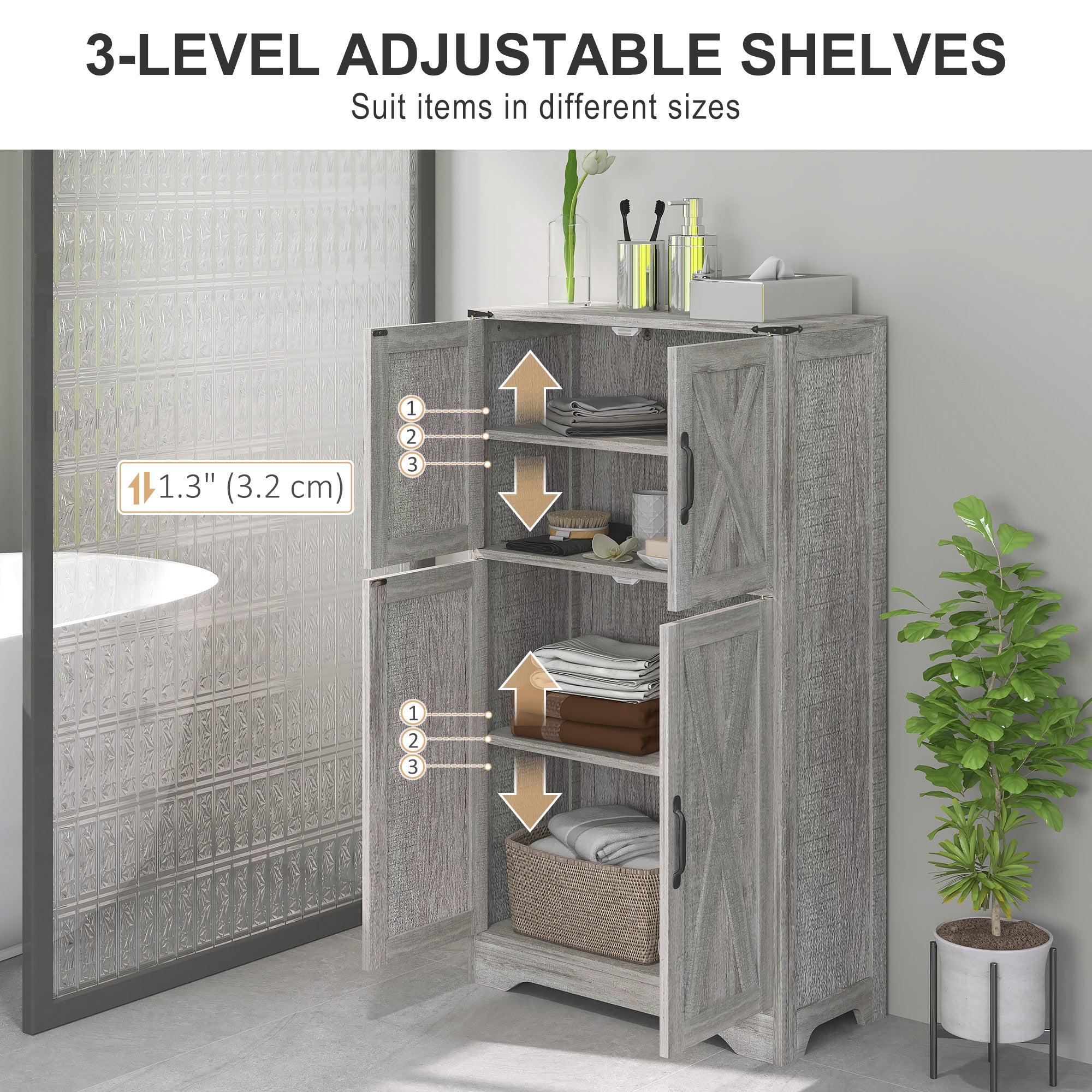 HOMCOM 42.5" Farmhouse Kitchen Pantry Cabinet, Freestanding Pantry Storage Cabinet with Barn Doors and Adjustable Shelves, Kitchen Cabinet, Grey Wood Grain