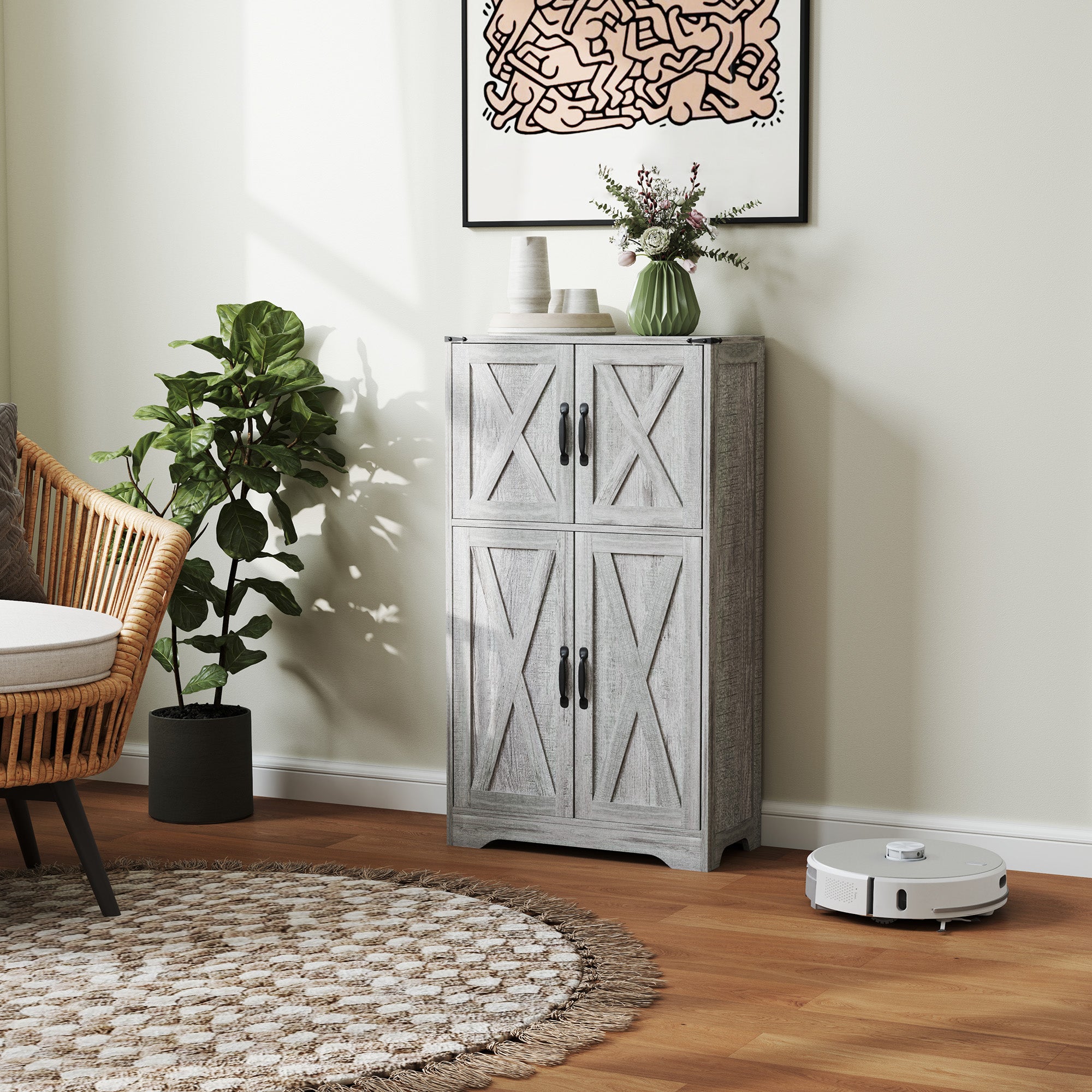 HOMCOM 42.5" Farmhouse Kitchen Pantry Cabinet, Freestanding Pantry Storage Cabinet with Barn Doors and Adjustable Shelves, Kitchen Cabinet, Grey Wood Grain