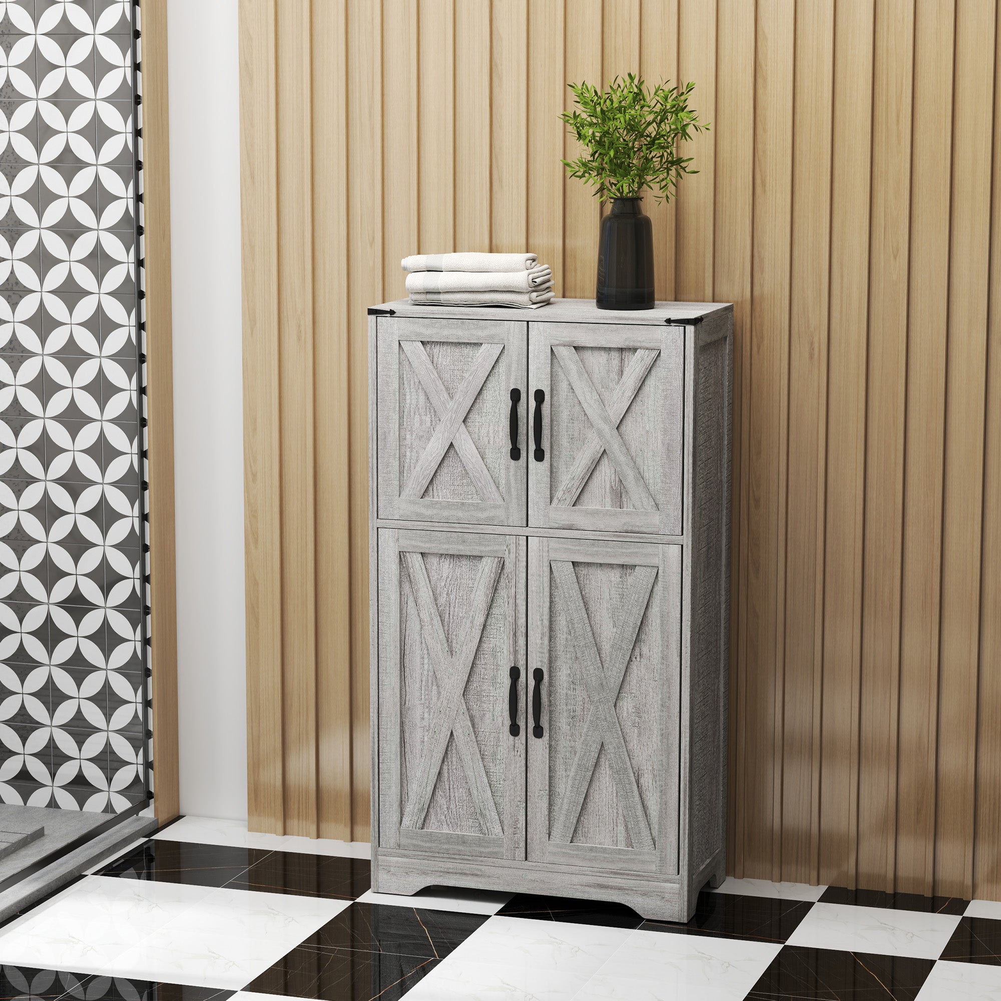 HOMCOM 42.5" Farmhouse Kitchen Pantry Cabinet, Freestanding Pantry Storage Cabinet with Barn Doors and Adjustable Shelves, Kitchen Cabinet, Grey Wood Grain