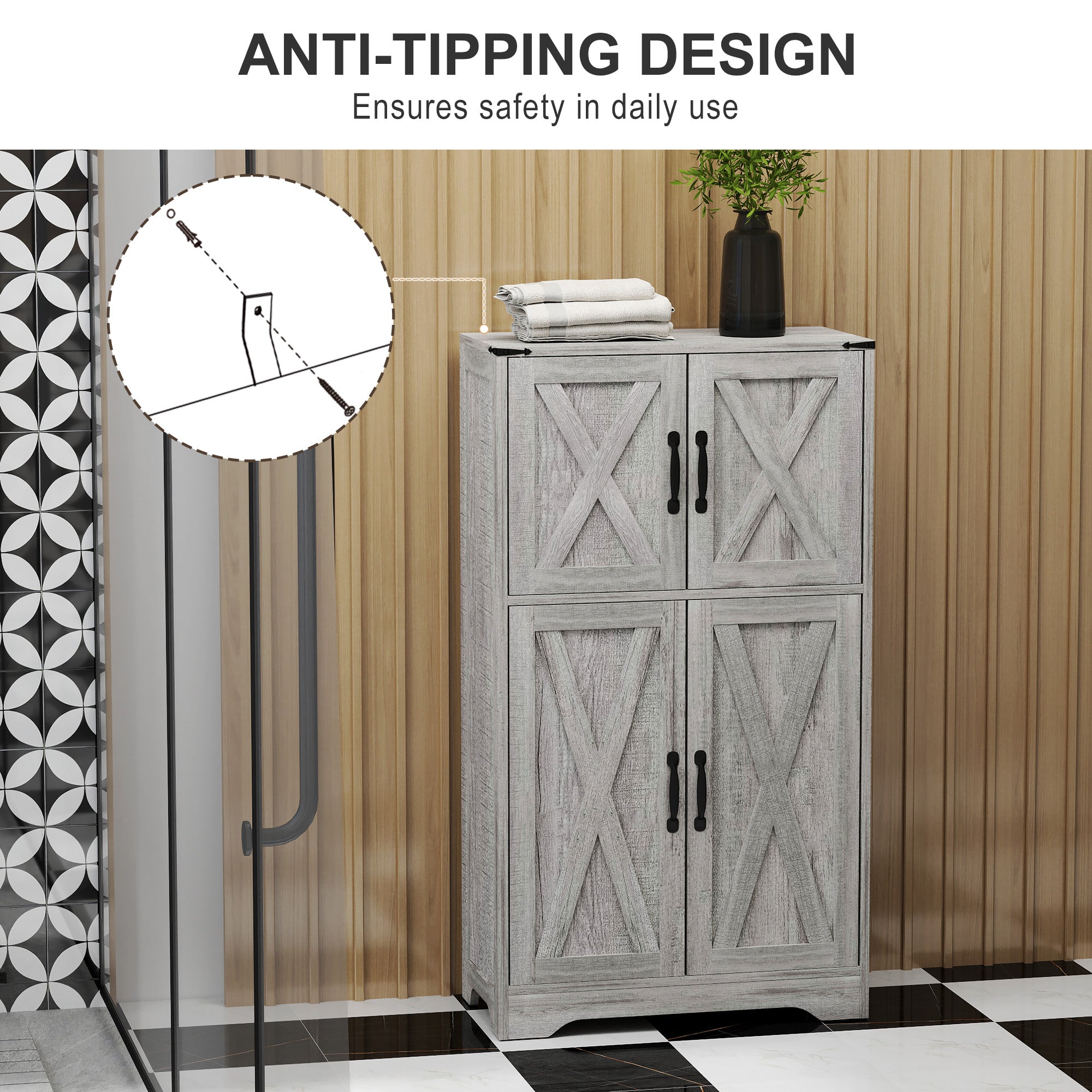 HOMCOM 42.5" Farmhouse Kitchen Pantry Cabinet, Freestanding Pantry Storage Cabinet with Barn Doors and Adjustable Shelves, Kitchen Cabinet, Grey Wood Grain