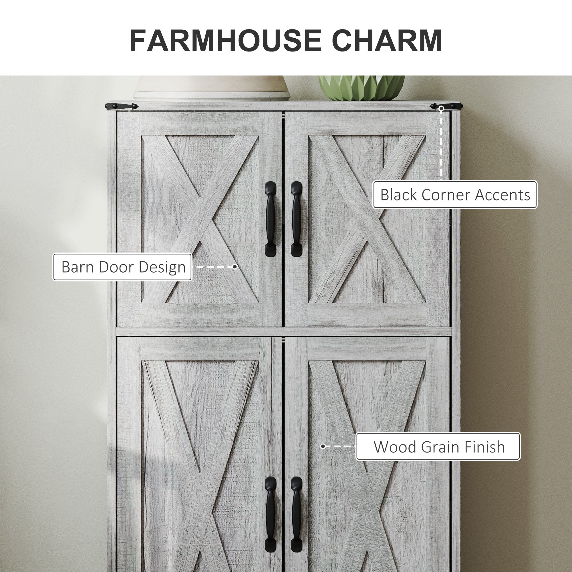 HOMCOM 42.5" Farmhouse Kitchen Pantry Cabinet, Freestanding Pantry Storage Cabinet with Barn Doors and Adjustable Shelves, Kitchen Cabinet, Grey Wood Grain
