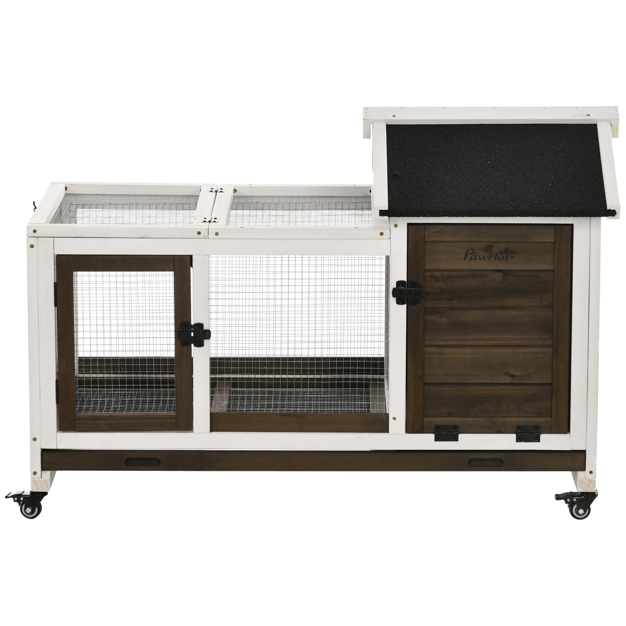 PawHut  Indoor Rabbit Hutch with Wheels, Bunny Cage with Ramp, Run, Pull Out Tray, Suitable for Rabbit, Guinea Pig, Coffee