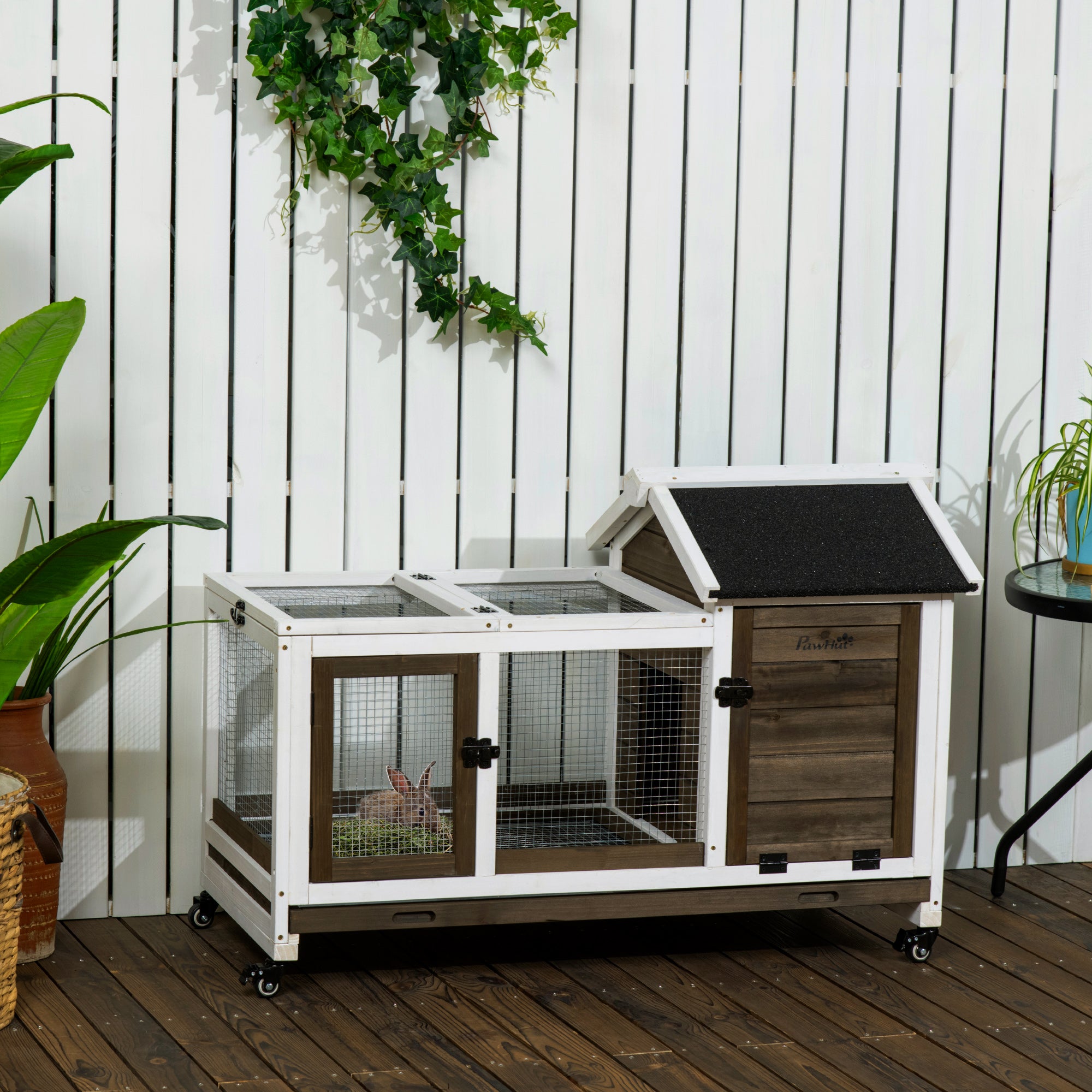 PawHut  Indoor Rabbit Hutch with Wheels, Bunny Cage with Ramp, Run, Pull Out Tray, Suitable for Rabbit, Guinea Pig, Coffee