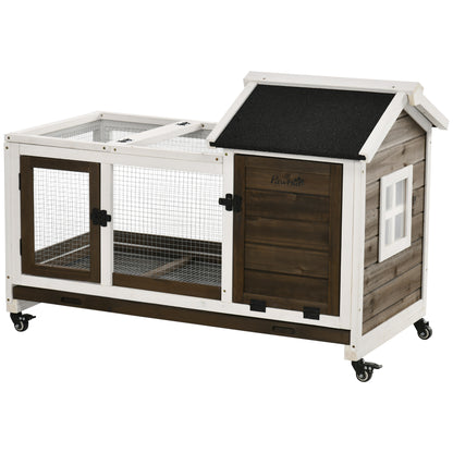 PawHut  Indoor Rabbit Hutch with Wheels, Bunny Cage with Ramp, Run, Pull Out Tray, Suitable for Rabbit, Guinea Pig, Coffee